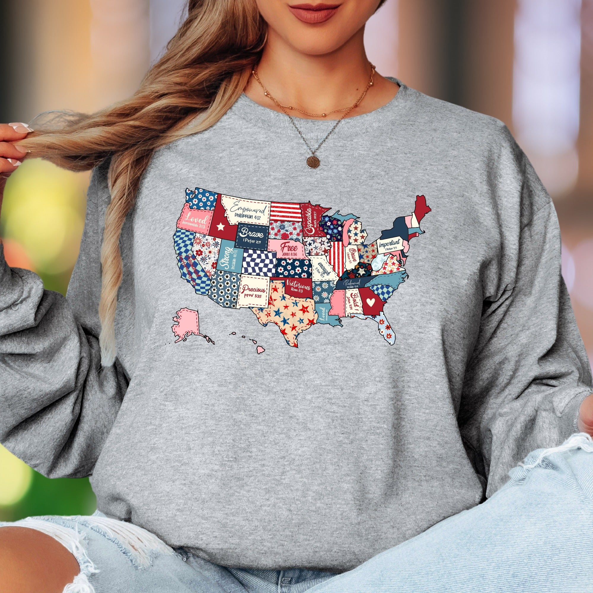 “Empowered Capable Brave Free Loved Strong Precious Victorious Redeemed Important Bold” | Vintage Patchwork Unisex Adult Long Sleeve T-Shirt | Faith-Inspired Lifestyle