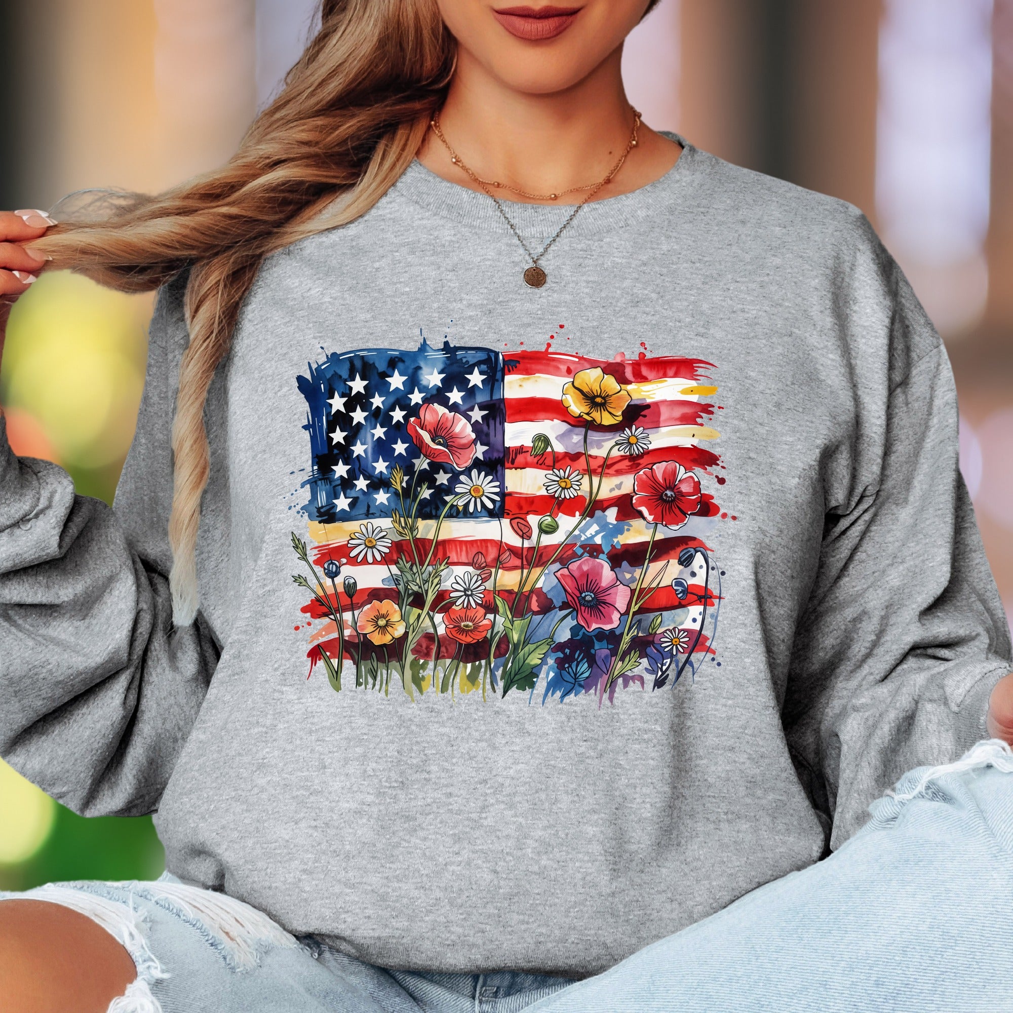 "Abstract Floral Flag" | Watercolor Nature Unisex Adult Long Sleeve T-Shirt | Patriotic Lifestyle