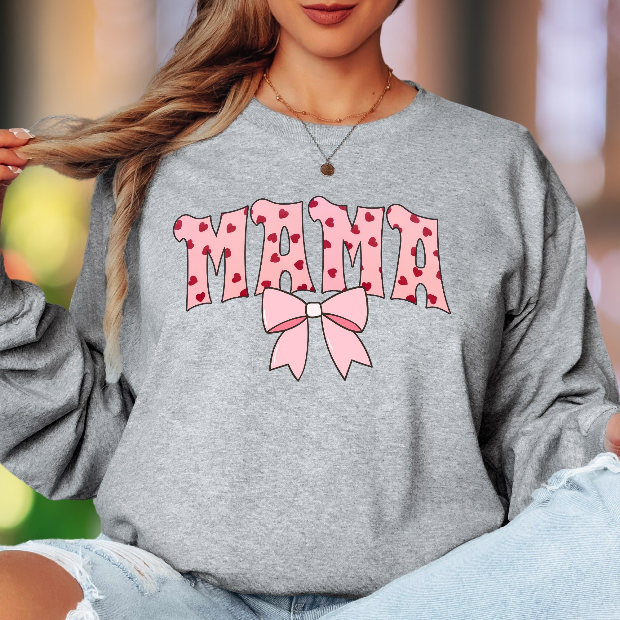 "MAMA" | Heart Pattern Typography Unisex Adult Long Sleeve T-Shirt | Loving Motherhood Style