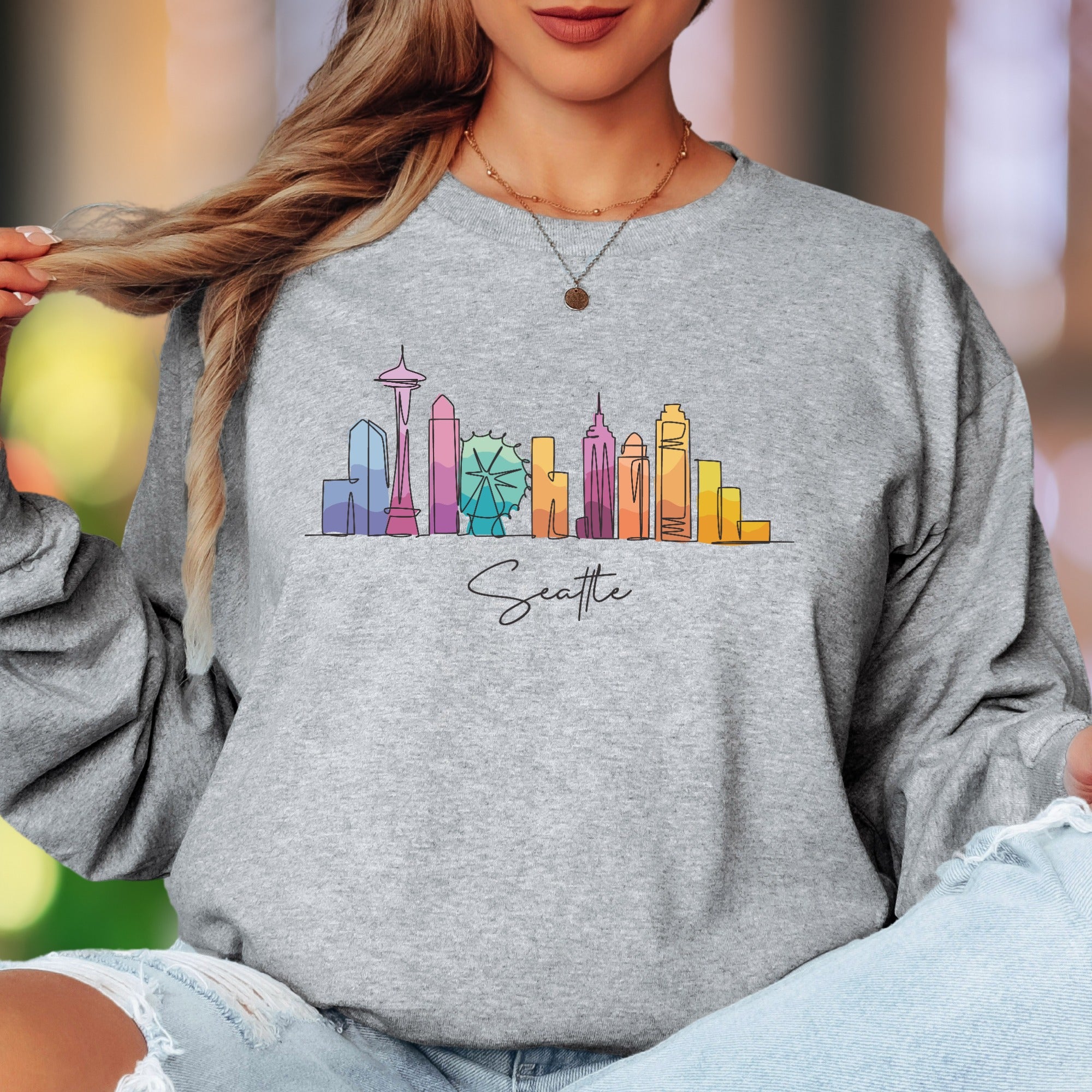 "Seattle" | Minimal Skyline Unisex Adult Long Sleeve T-Shirt | Colorful Cityscape