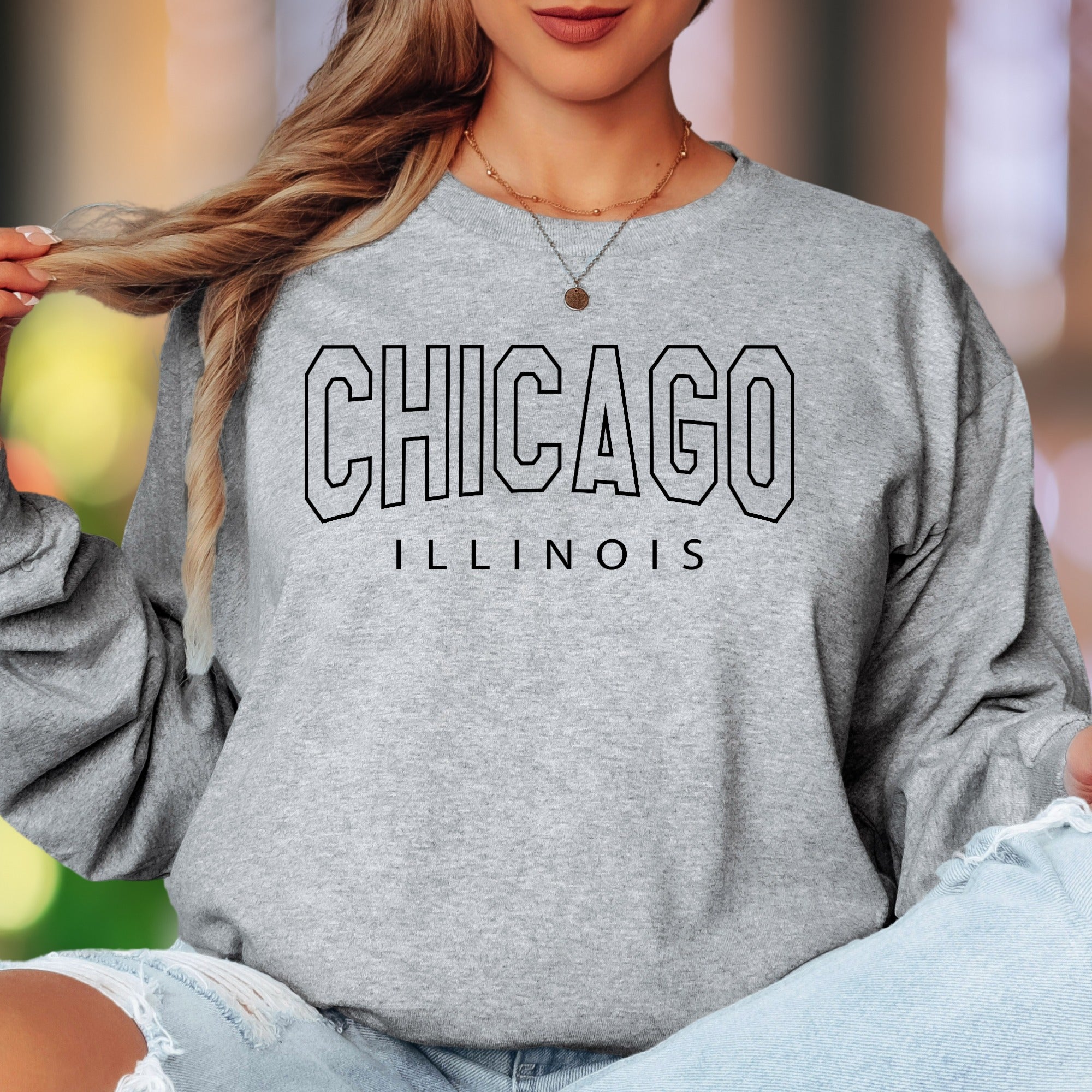 "CHICAGO ILLINOIS" | Retro College Typography Unisex Adult Long Sleeve T-Shirt | City Lifestyle Apparel