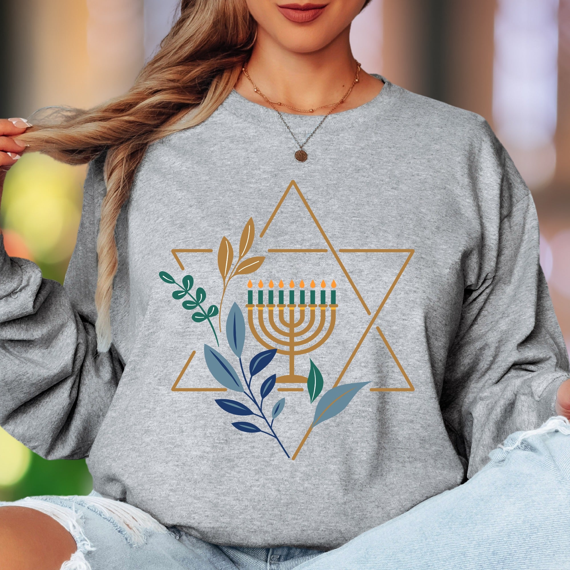 "Menorah & Star of David" | Floral Hanukkah Unisex Adult Long Sleeve T-Shirt | Festive Heritage