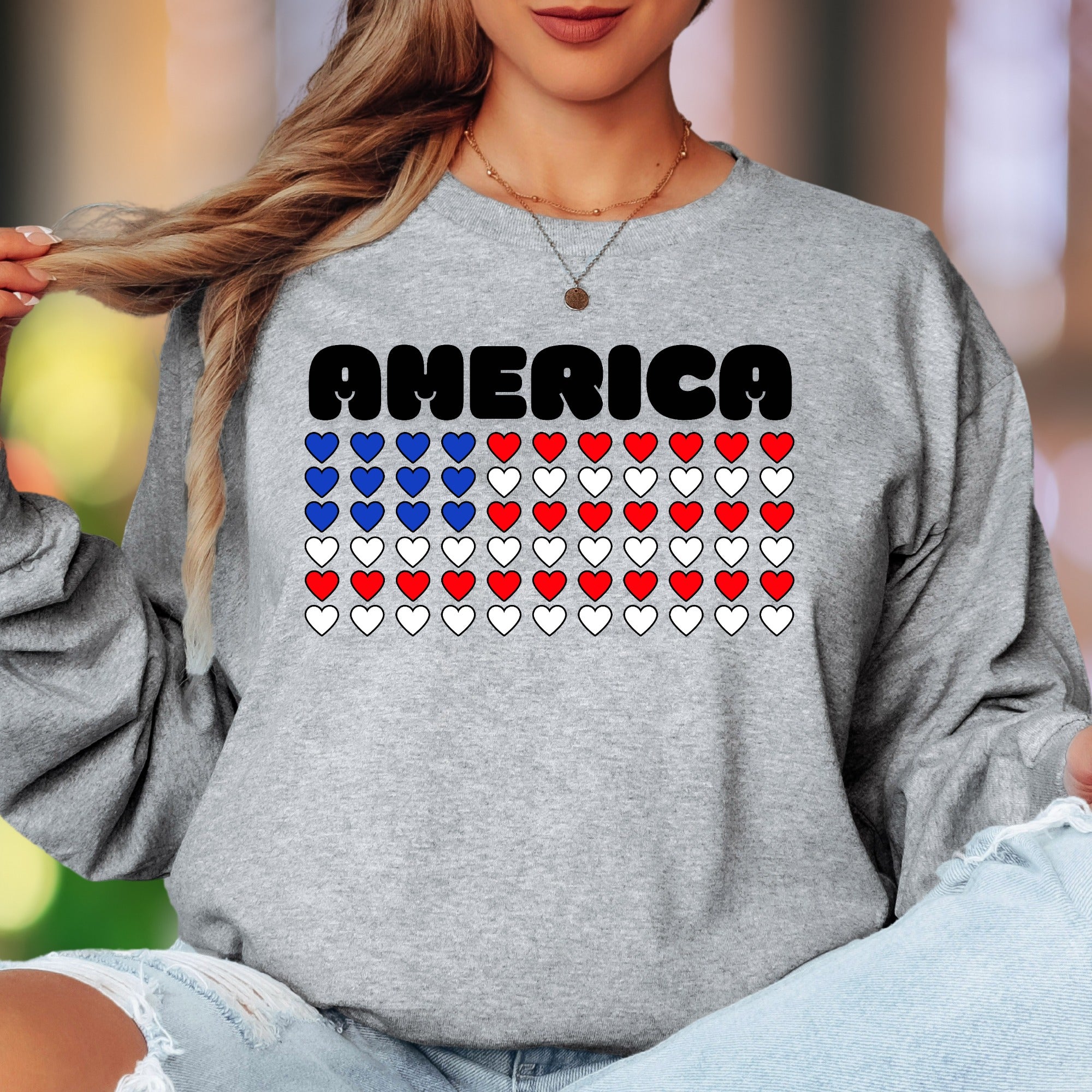 "AMERICA" | Patriotic Heart Grid Unisex Adult Long Sleeve T-Shirt | Heritage Pride