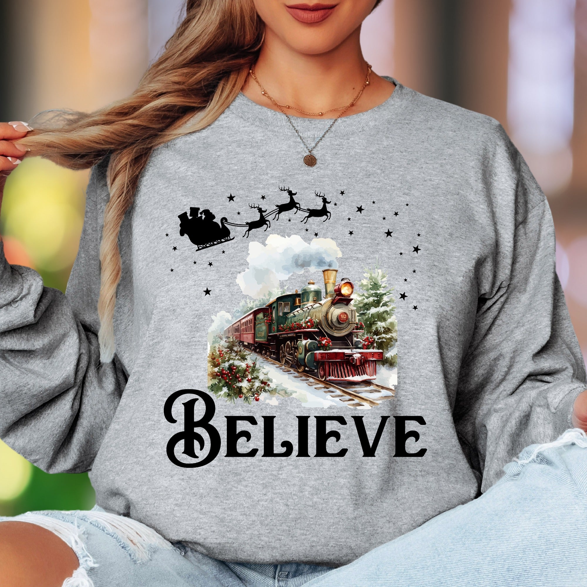 "Believe" | Christmas Train Illustration Unisex Adult Long Sleeve T-Shirt | Festive Holiday Wear
