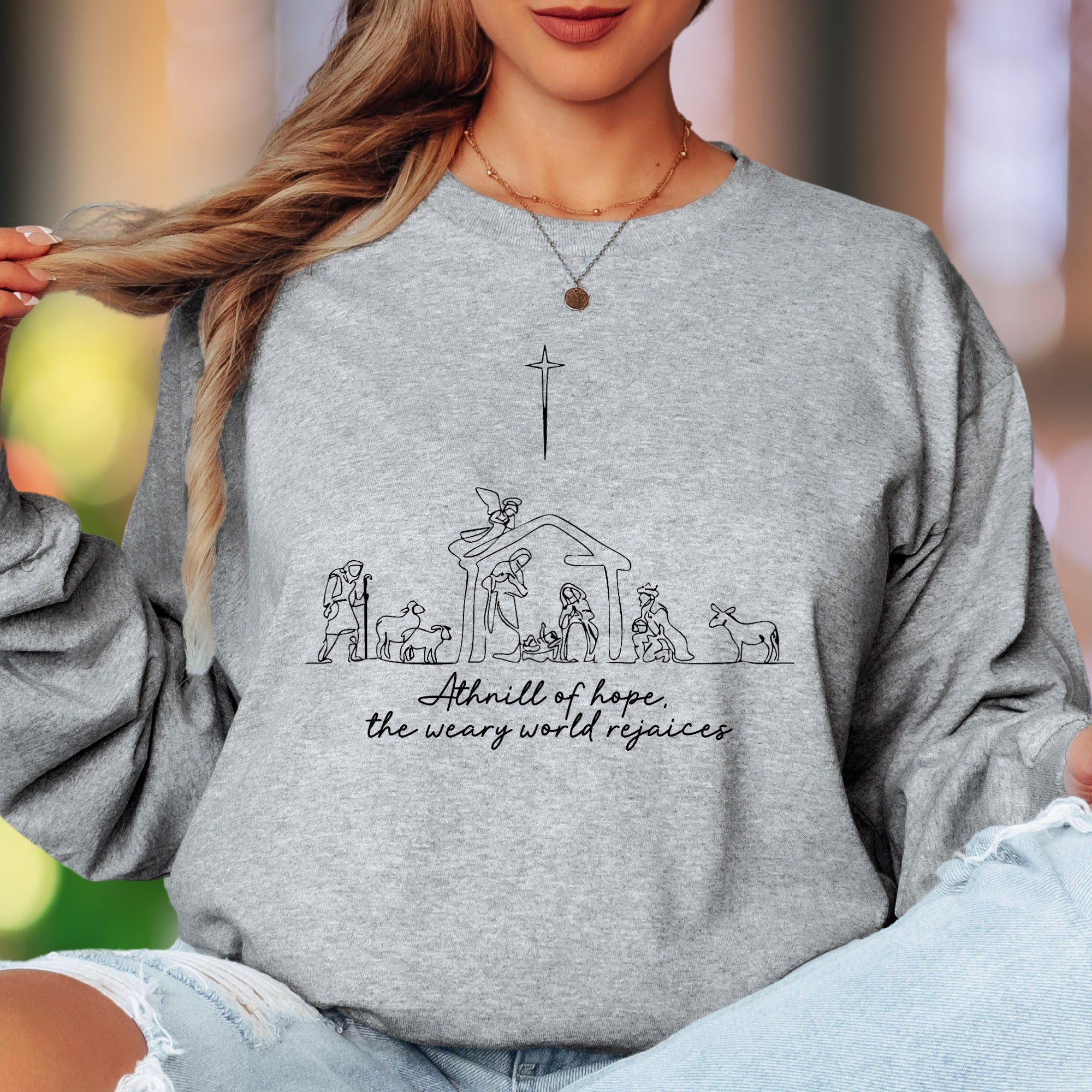 "A thrill of hope, the weary world rejoices" | Minimalist Nativity Unisex Adult Long Sleeve T-Shirt | Festive Lifestyle