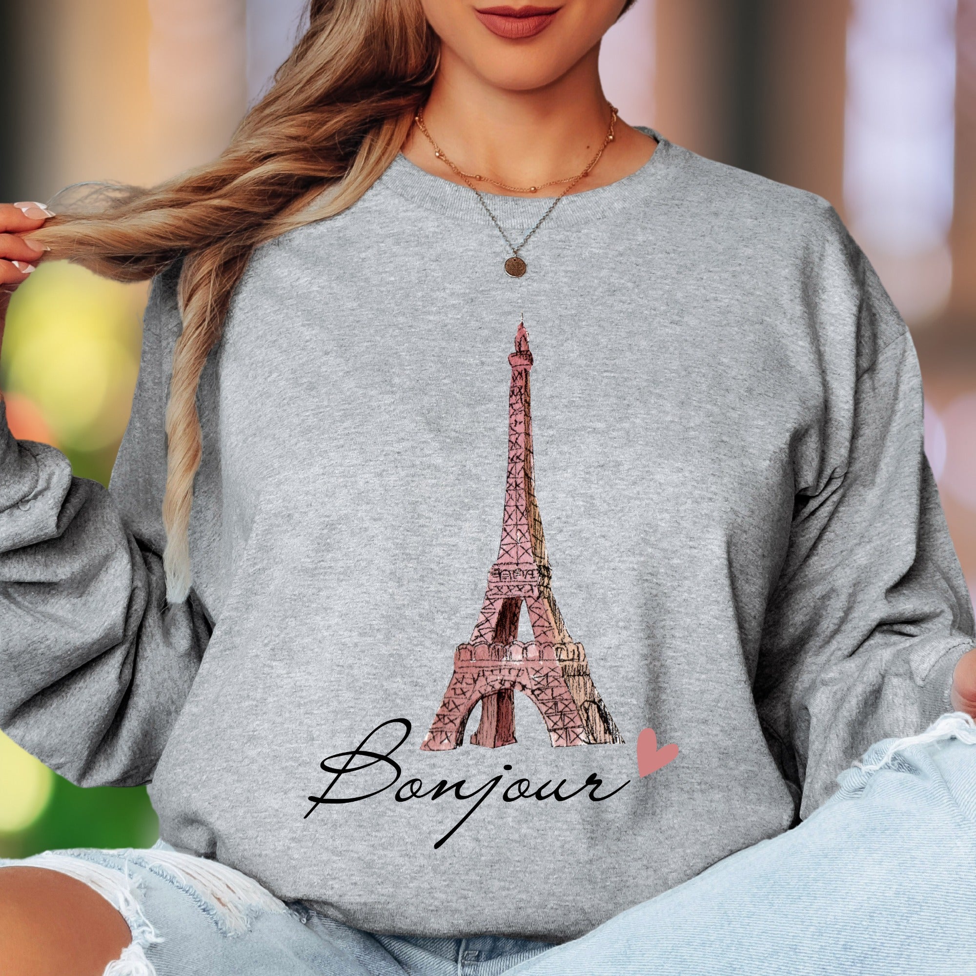 "Bonjour Eiffel Tower" | Parisian Sketch Unisex Adult Long Sleeve T-Shirt | Romantic Travel Lifestyle