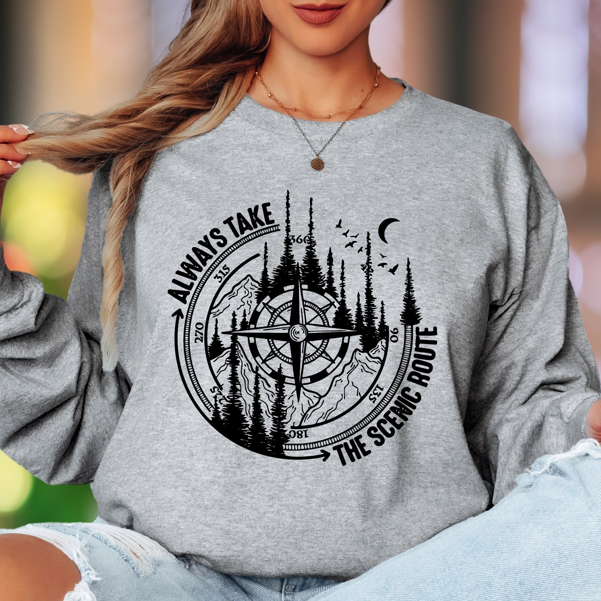 "Always Take The Scenic Route" | Nature Compass Unisex Adult Long Sleeve T-Shirt | Outdoor Lifestyle