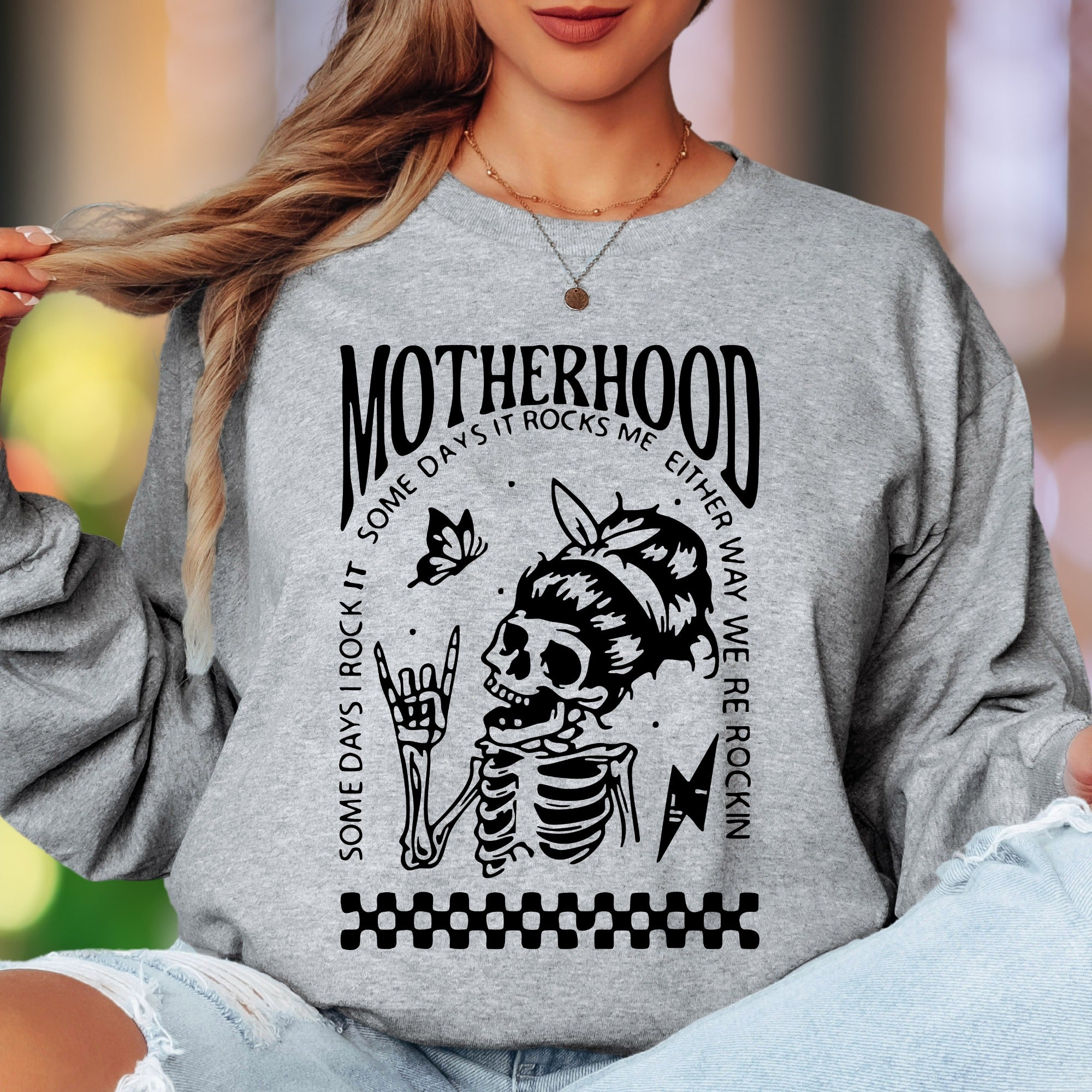 "Motherhood - Some Days I Rock It, Either Way We're Rockin'" | Illustrated Skull Unisex Adult Long Sleeve T-Shirt | Edgy Mom Life