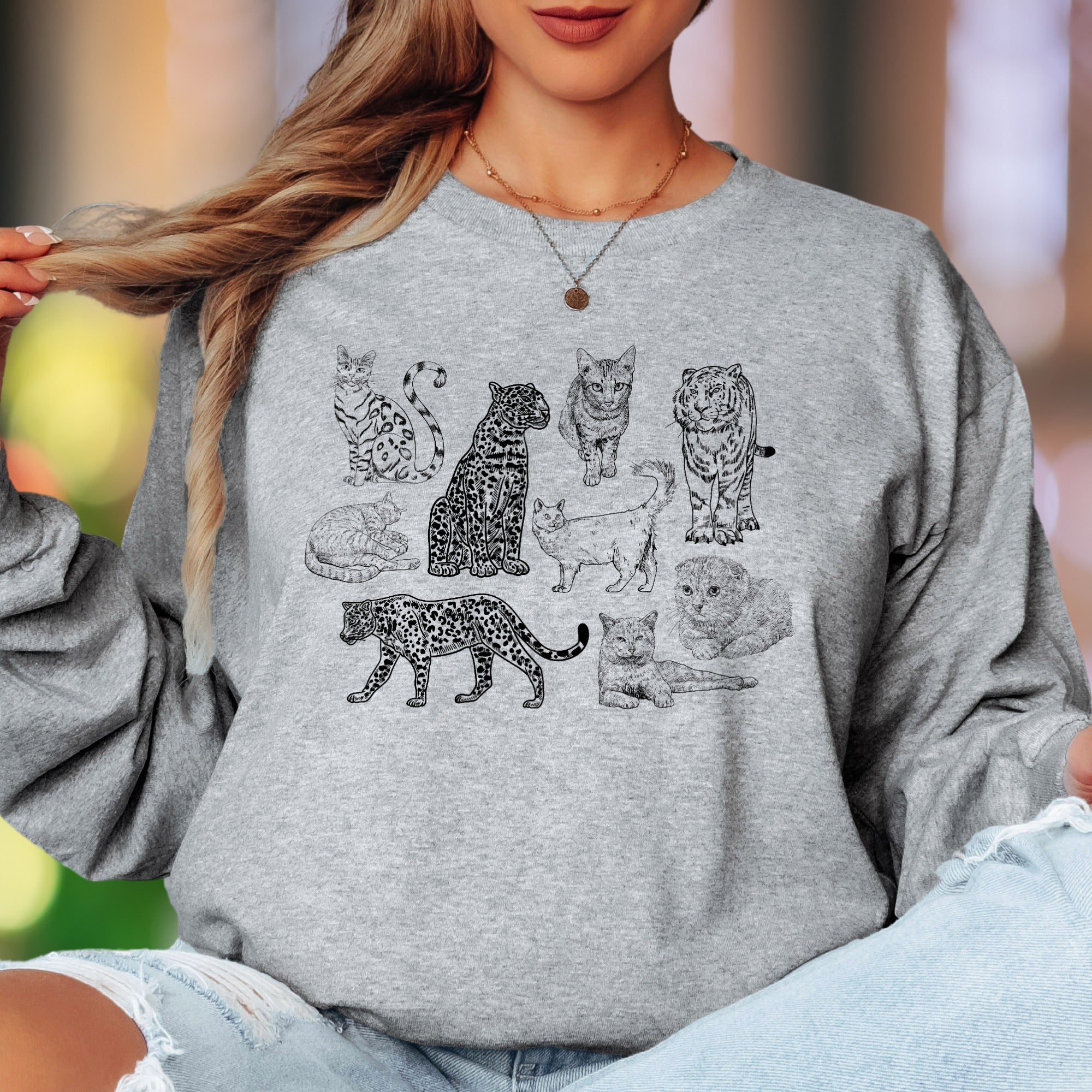 "Feline Friends" | Vintage Cat Illustration Unisex Adult Long Sleeve T-Shirt | Animal Lover Apparel