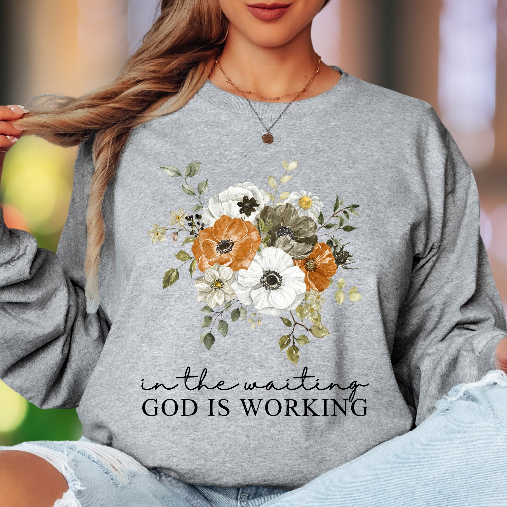 "In The Waiting, God Is Working" | Floral Typography Unisex Adult Long Sleeve T-Shirt | Inspirational Faithwear