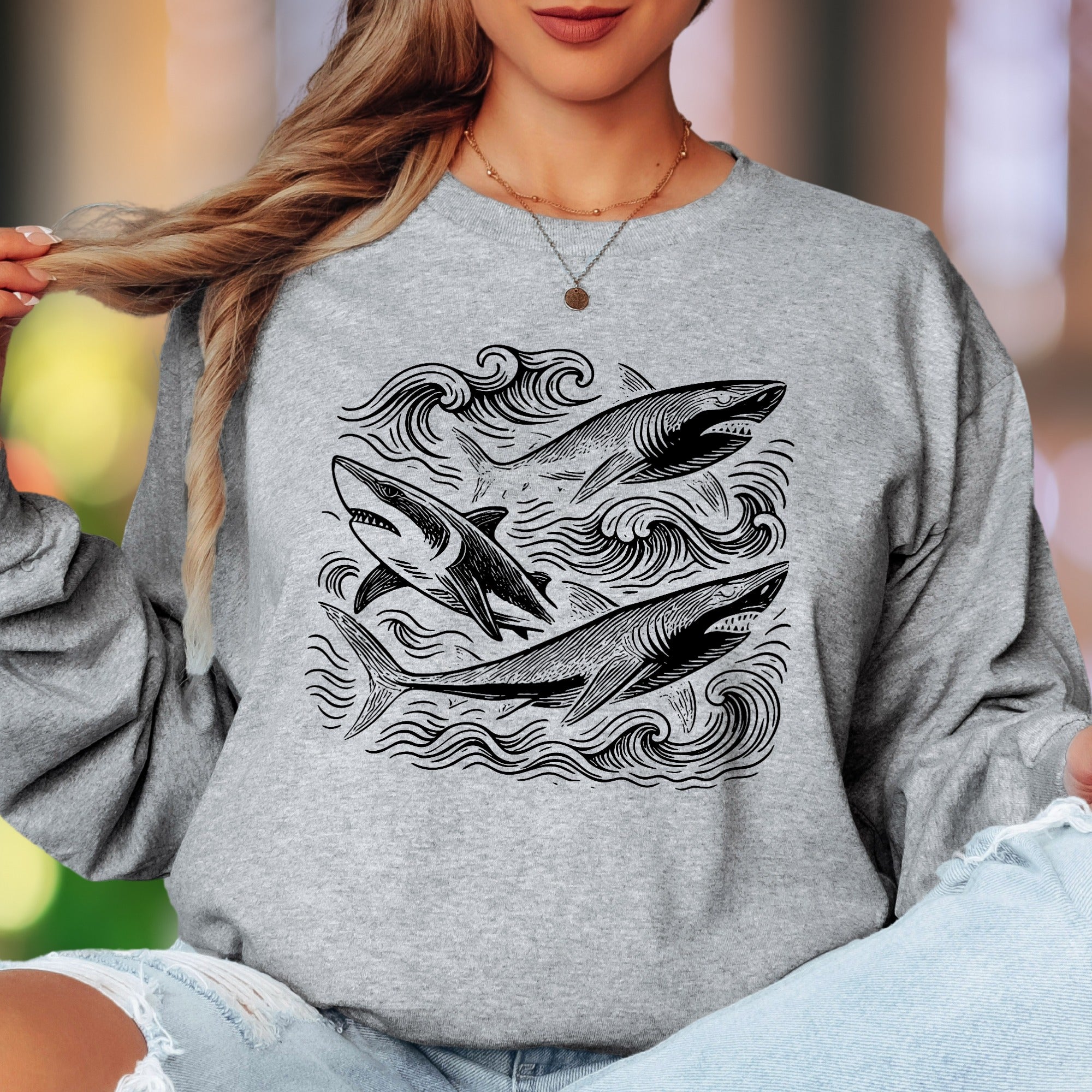 Oceanic Shark Design | Nature Art Unisex Adult Long Sleeve T-Shirt | Marine Lifestyle