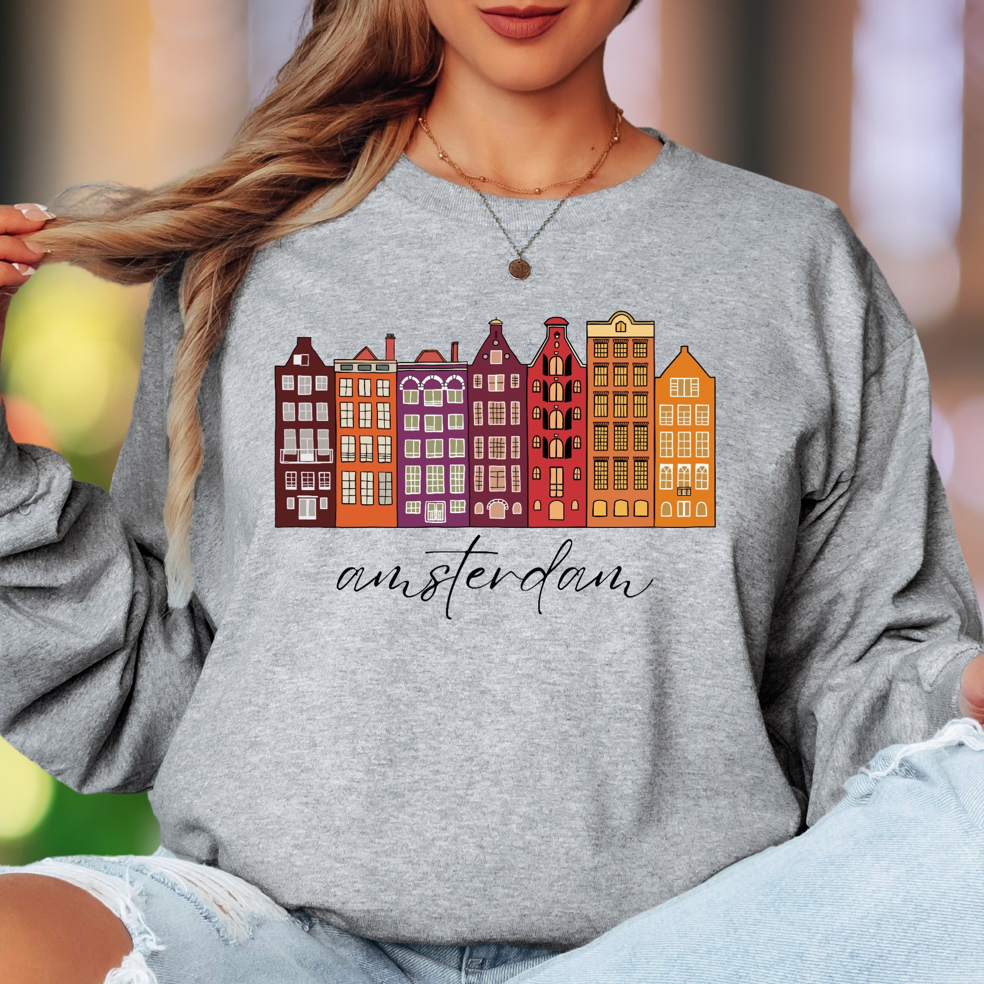 "amsterdam" | Cityscape Retro Unisex Adult Long Sleeve T-Shirt | Travel & Culture Lifestyle