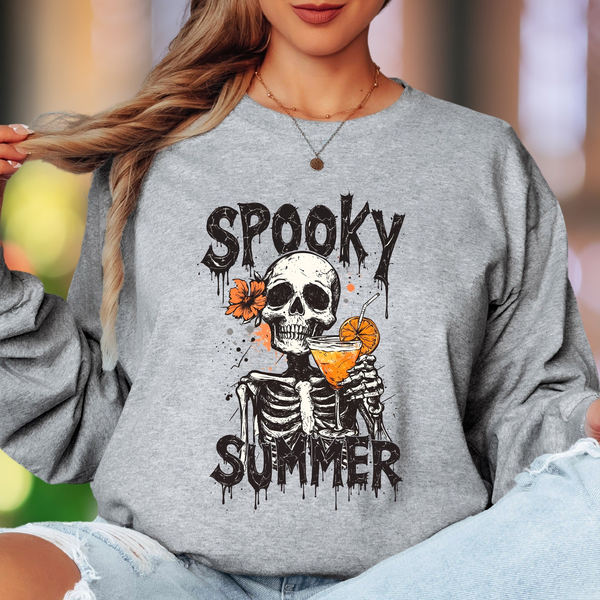 "Spooky Summer" | Distressed Skull Unisex Adult Long Sleeve T-Shirt | Humorous Lifestyle