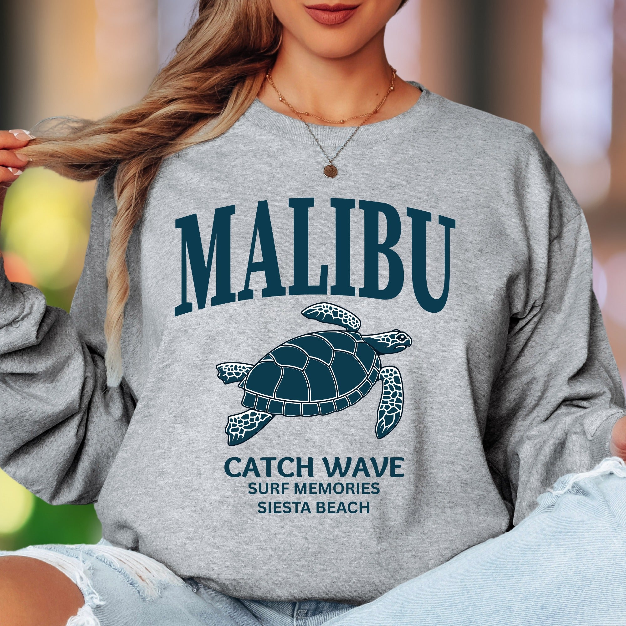 "MALIBU Catch Wave Surf Memories Siesta Beach" | Coastal Retro Unisex Adult Long Sleeve T-Shirt | Beach Lifestyle