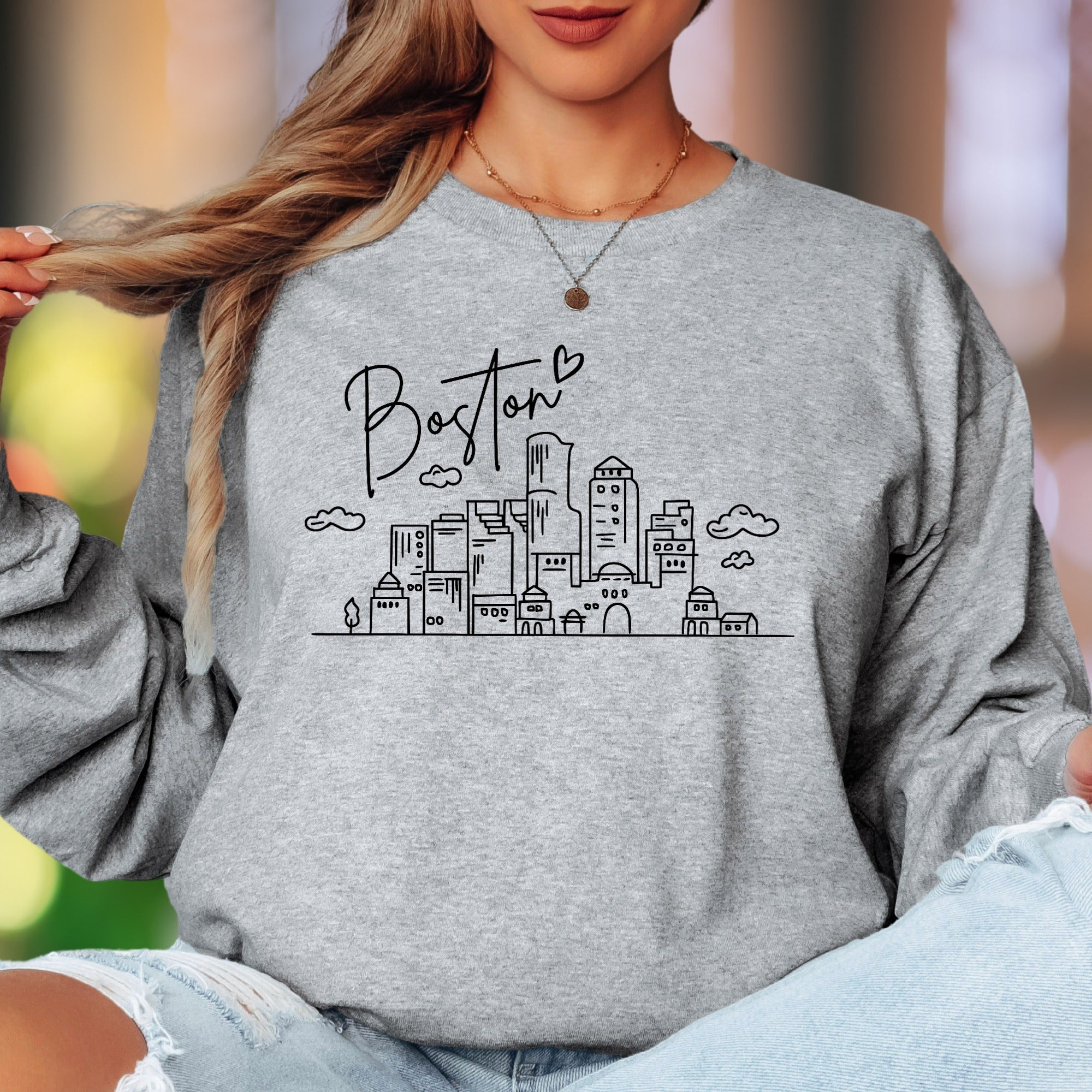 "Boston" | Minimal Cityscape Unisex Adult Long Sleeve T-Shirt | Travel & Lifestyle