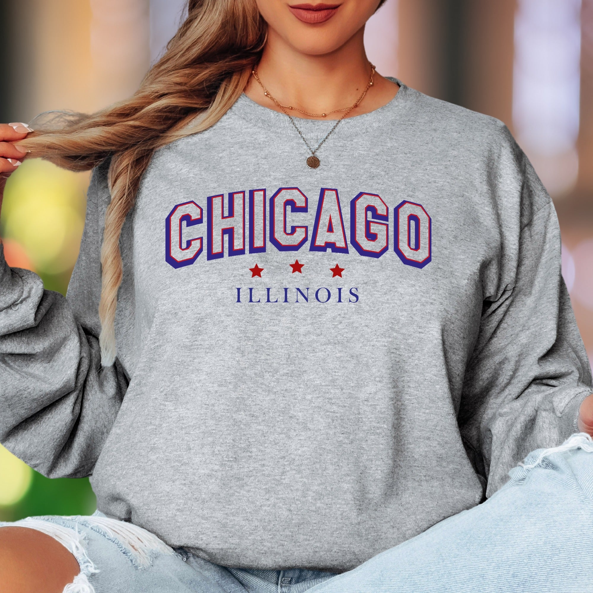 "CHICAGO ILLINOIS" | Retro Typography Unisex Adult Long Sleeve T-Shirt | City Pride