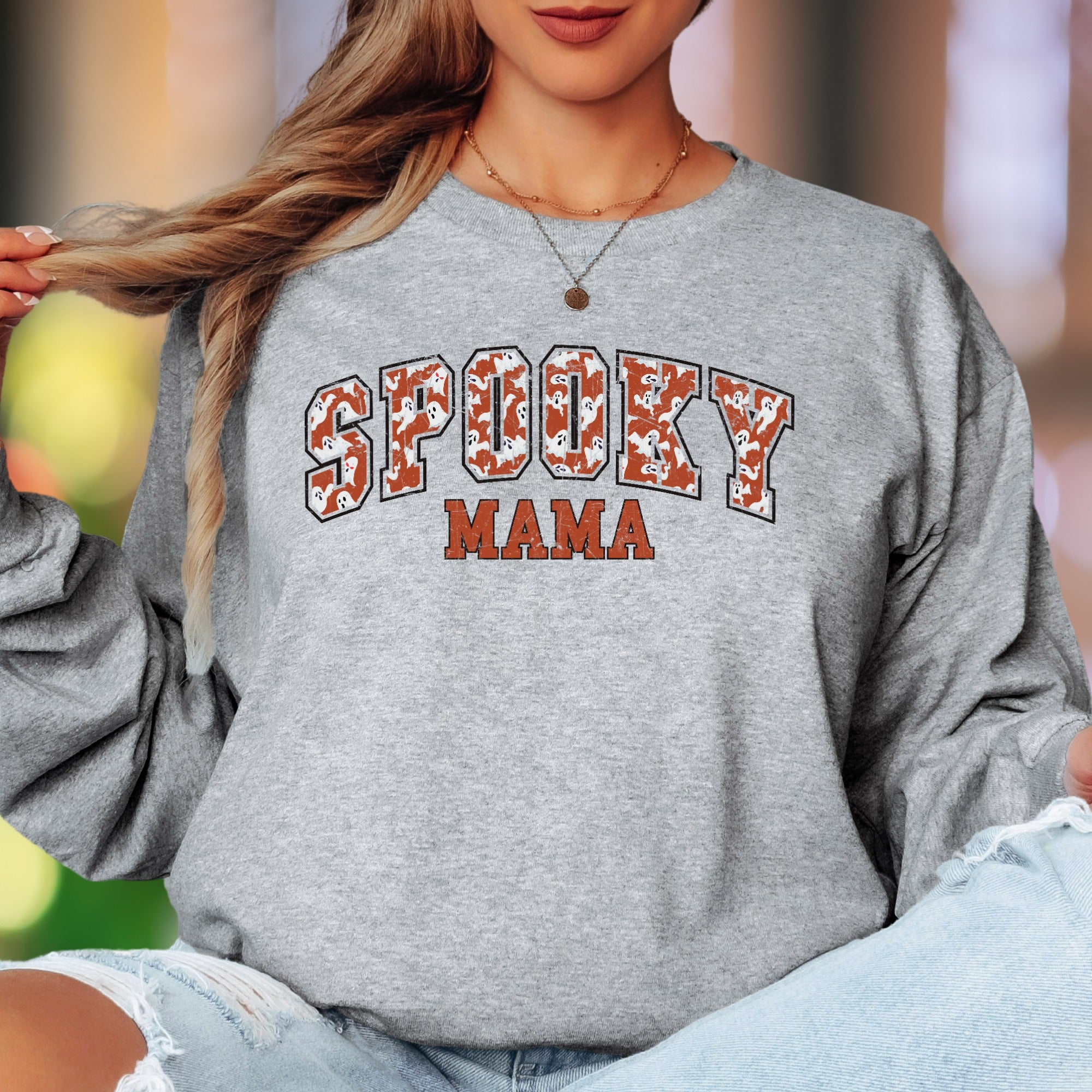 "Spooky Mama" | Distressed Retro Unisex Adult Long Sleeve T-Shirt | Halloween Lifestyle