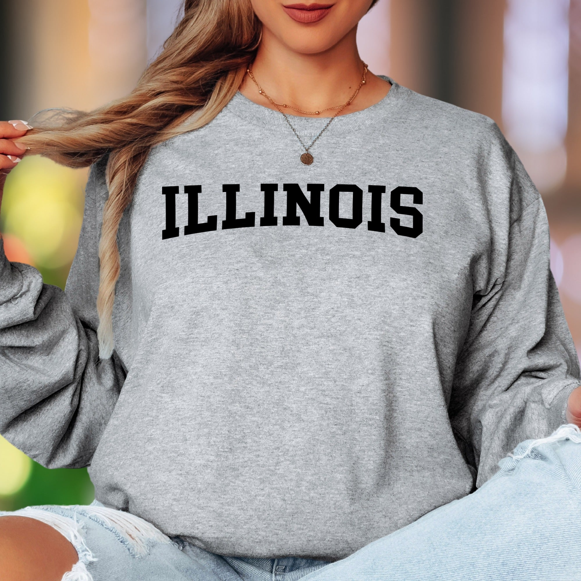"ILLINOIS" | Collegiate Bold Typography Unisex Adult Long Sleeve T-Shirt | State Pride Lifestyle