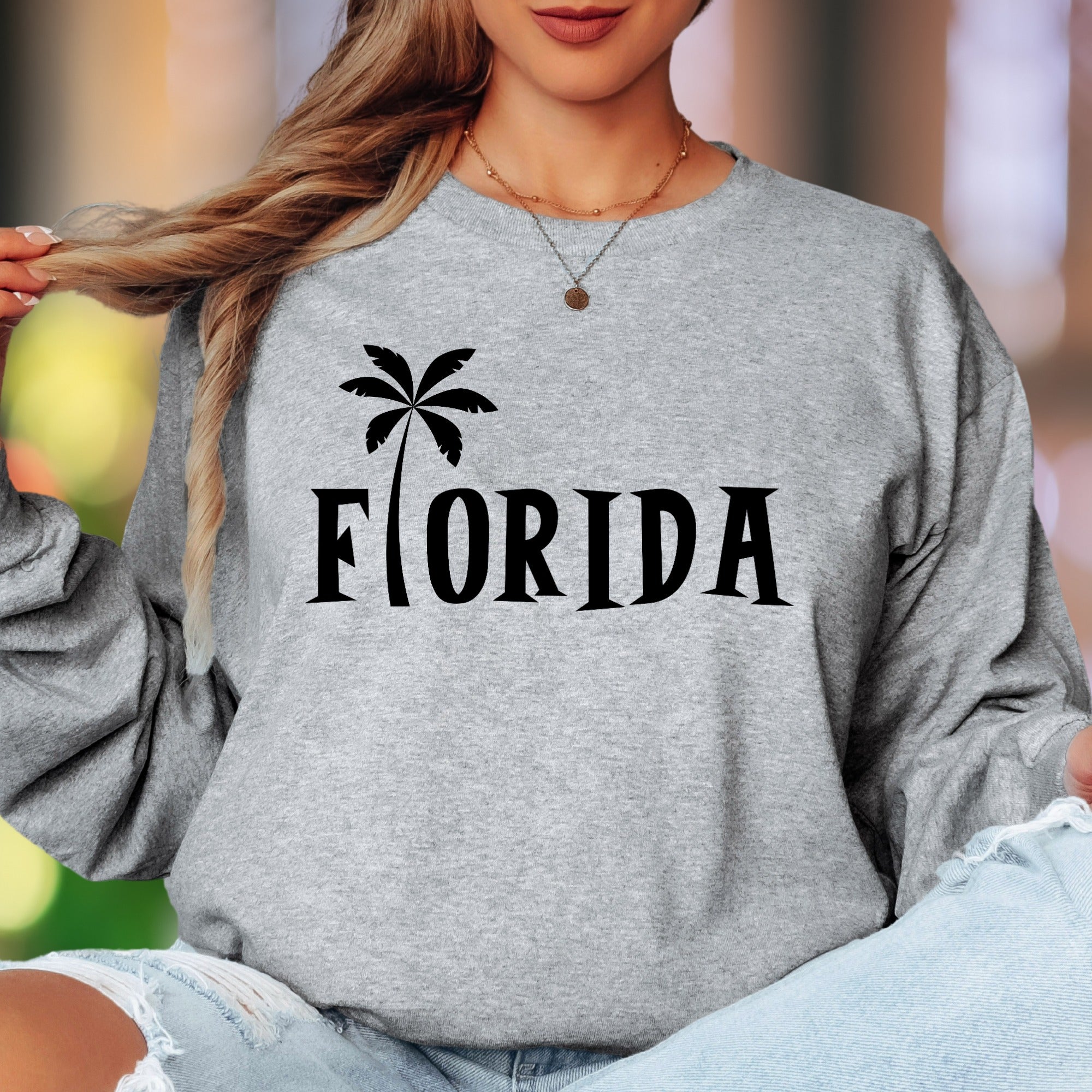 "Florida" | Palm Tree Typography Unisex Adult Long Sleeve T-Shirt | Travel & Lifestyle
