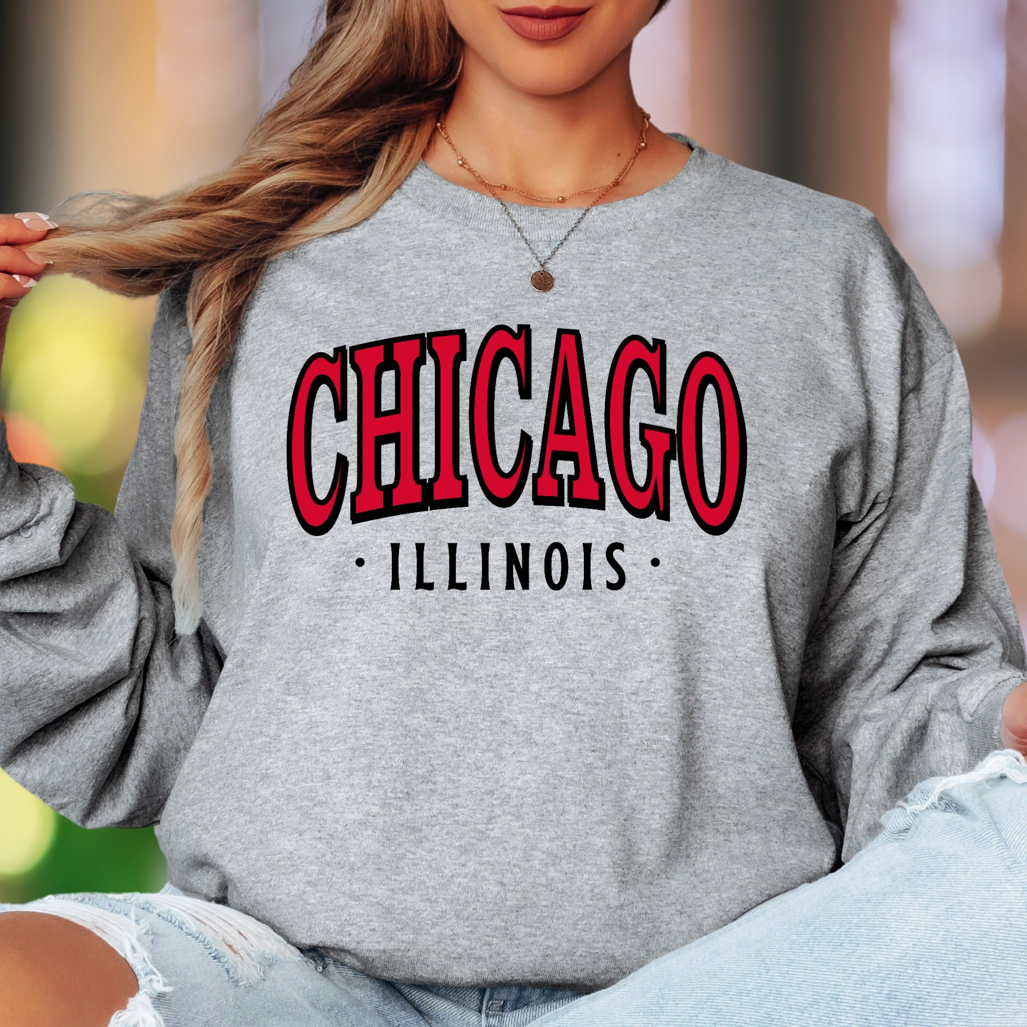 "CHICAGO • ILLINOIS" | Retro Typography Unisex Adult Long Sleeve T-Shirt | City Pride Apparel