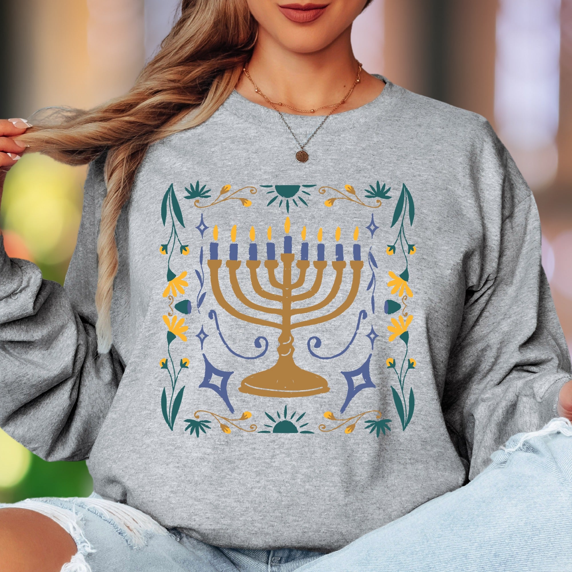 Minimalist Menorah | Floral Folk Art Unisex Adult Long Sleeve T-Shirt | Festive Lifestyle