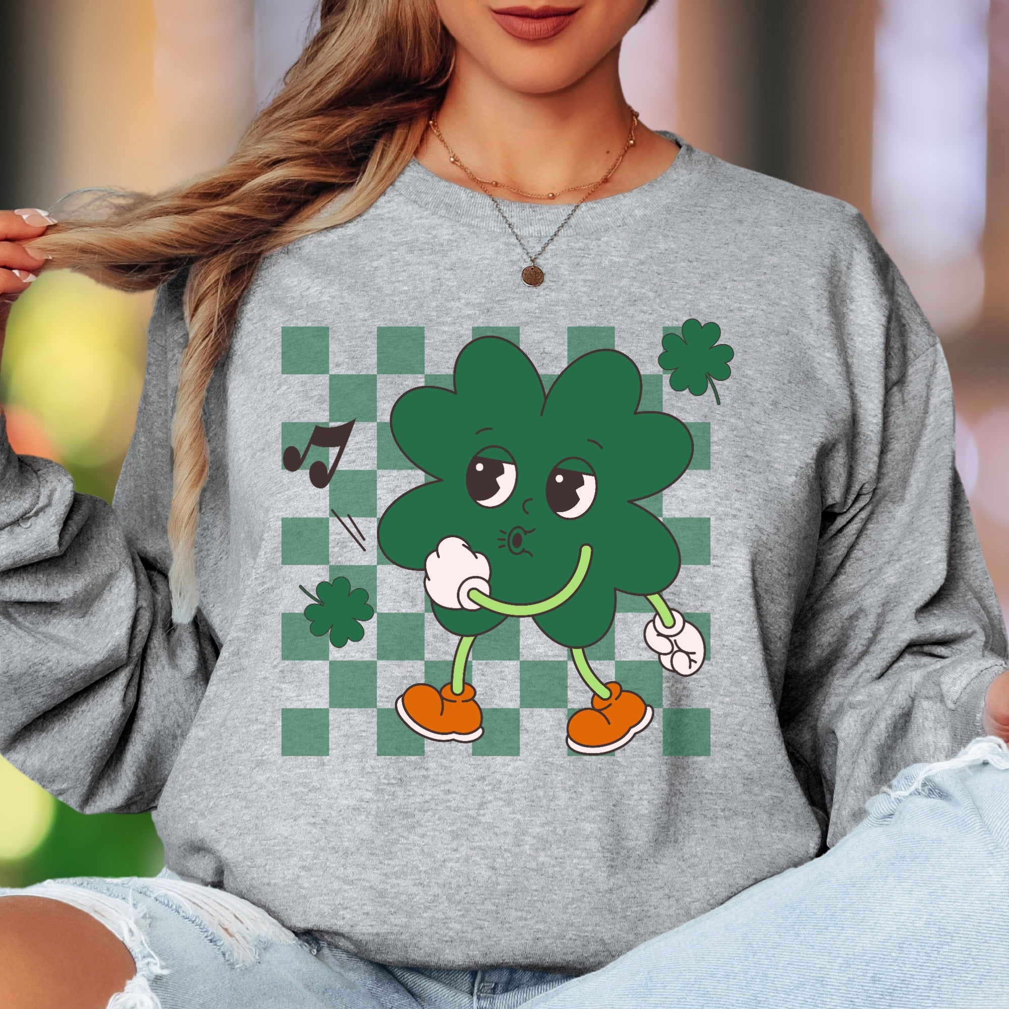 "Groovy Shamrock" | Retro Checkerboard Unisex Adult Long Sleeve T-Shirt | Playful St. Patrick's Day Style