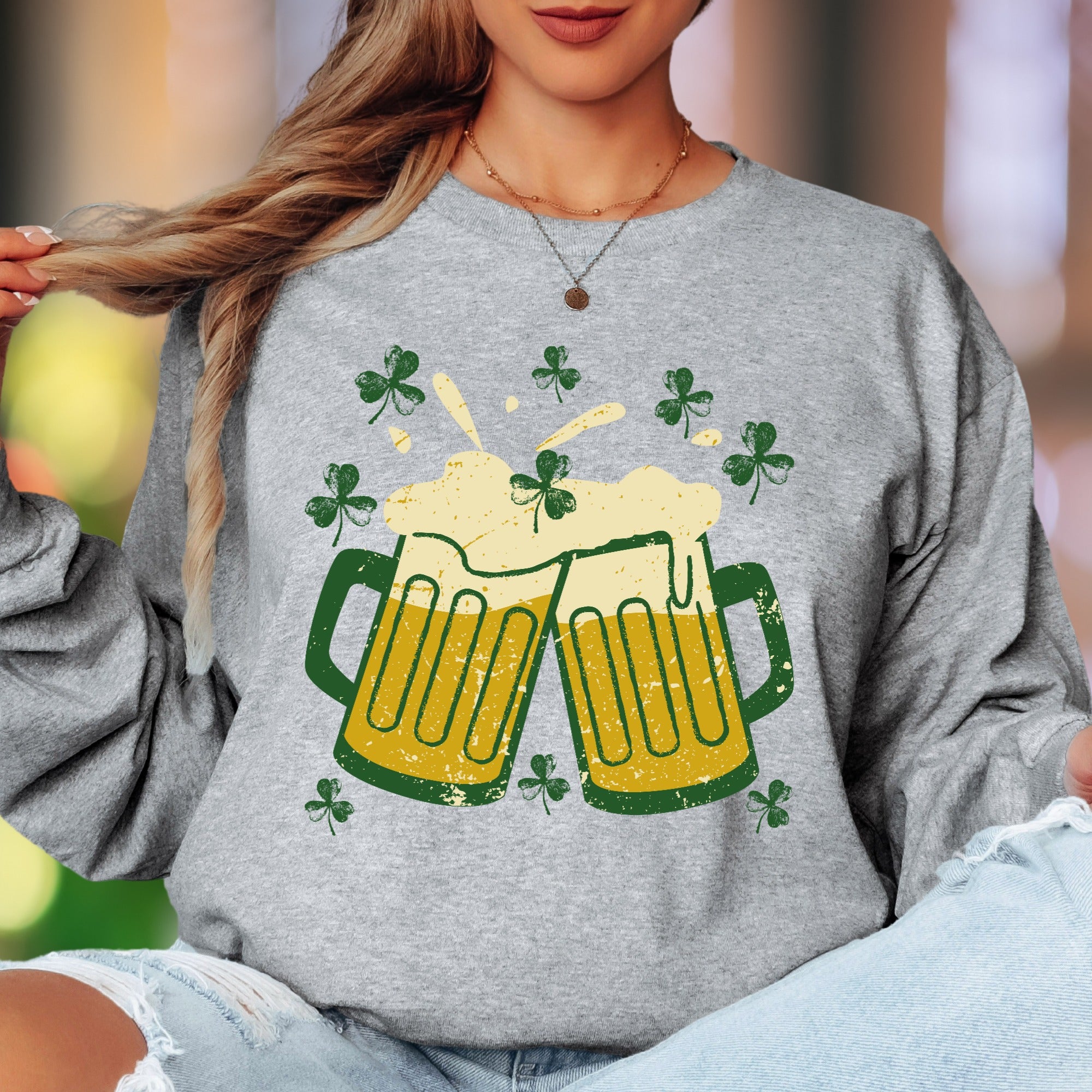 St. Patrick's Day Cheers | Distressed Graphic Unisex Adult Long Sleeve T-Shirt | Festive Lifestyle