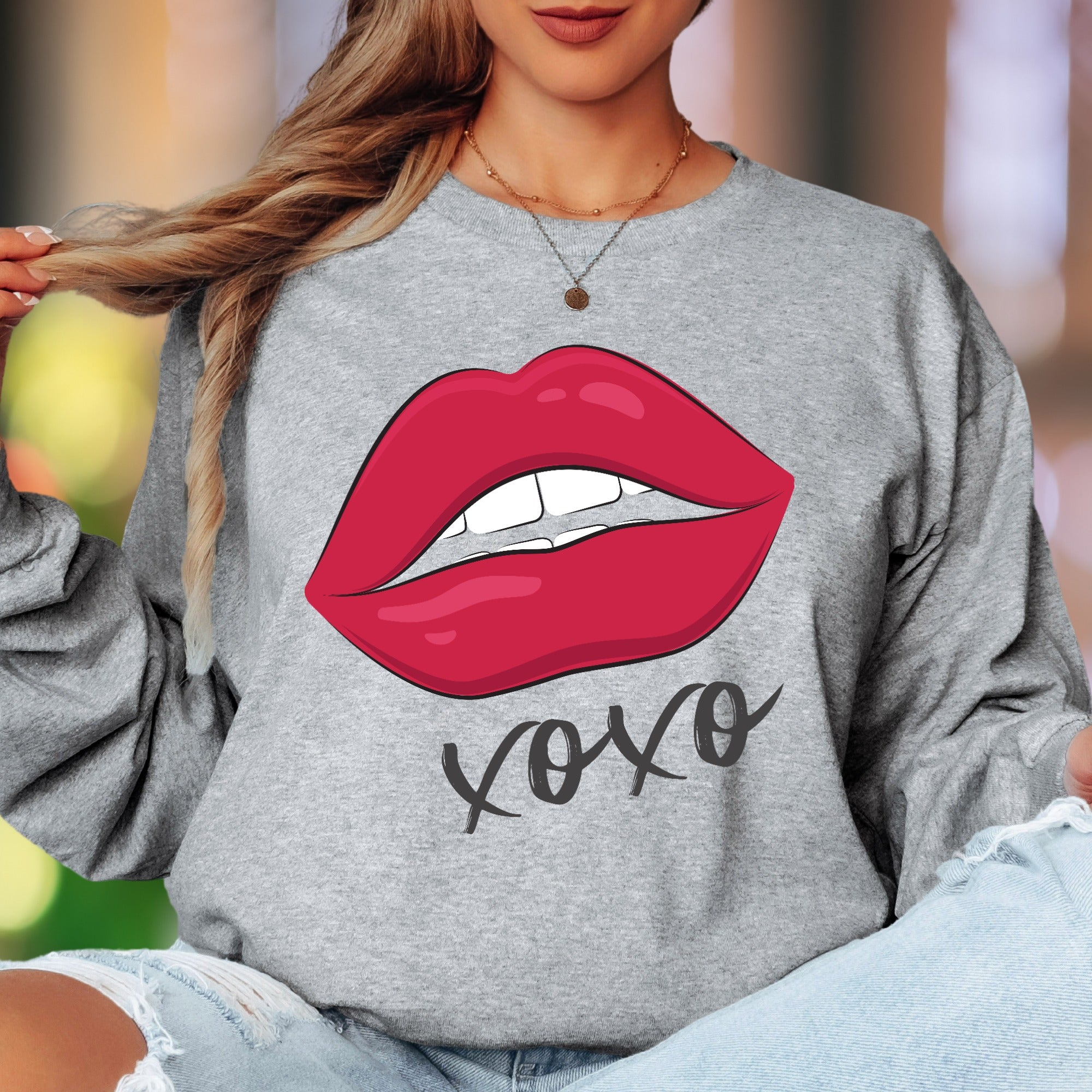 "XOXO" | Bold Lips Graphic Unisex Adult Long Sleeve T-Shirt | Affectionate Streetwear