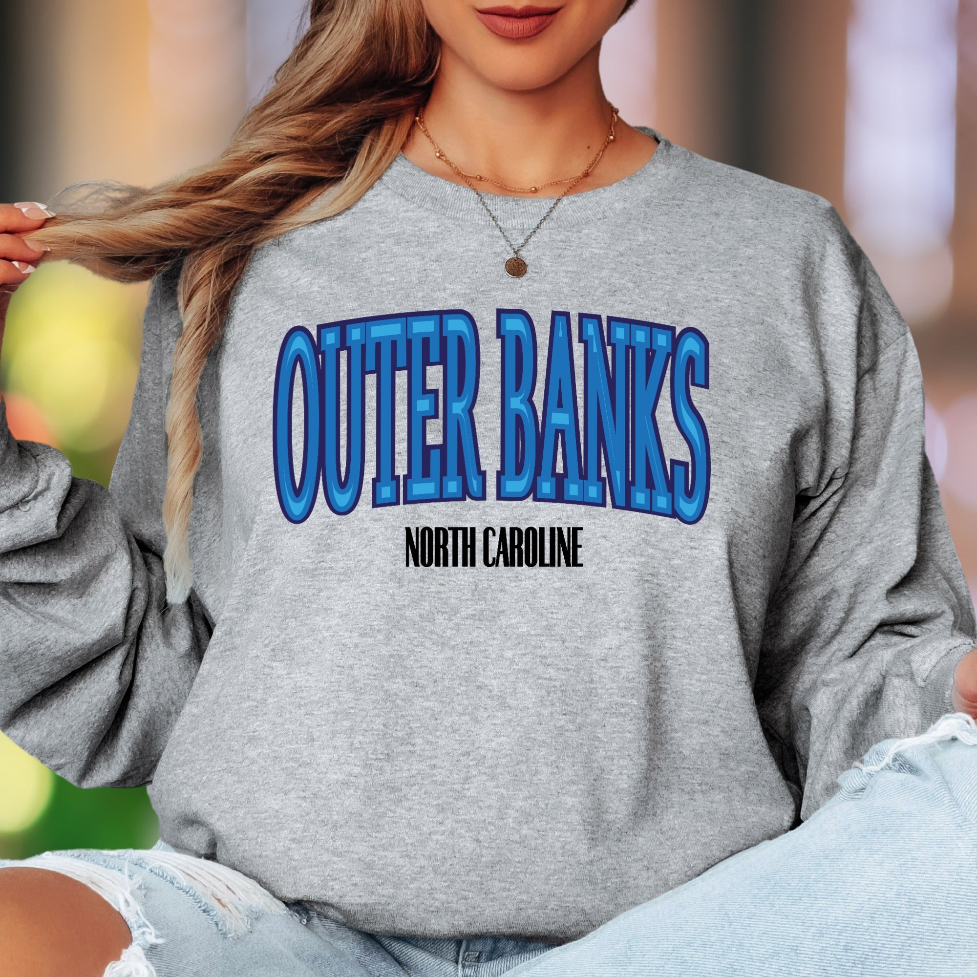 "Outer Banks North Carolina" | Retro Typography Unisex Adult Long Sleeve T-Shirt | Coastal Lifestyle