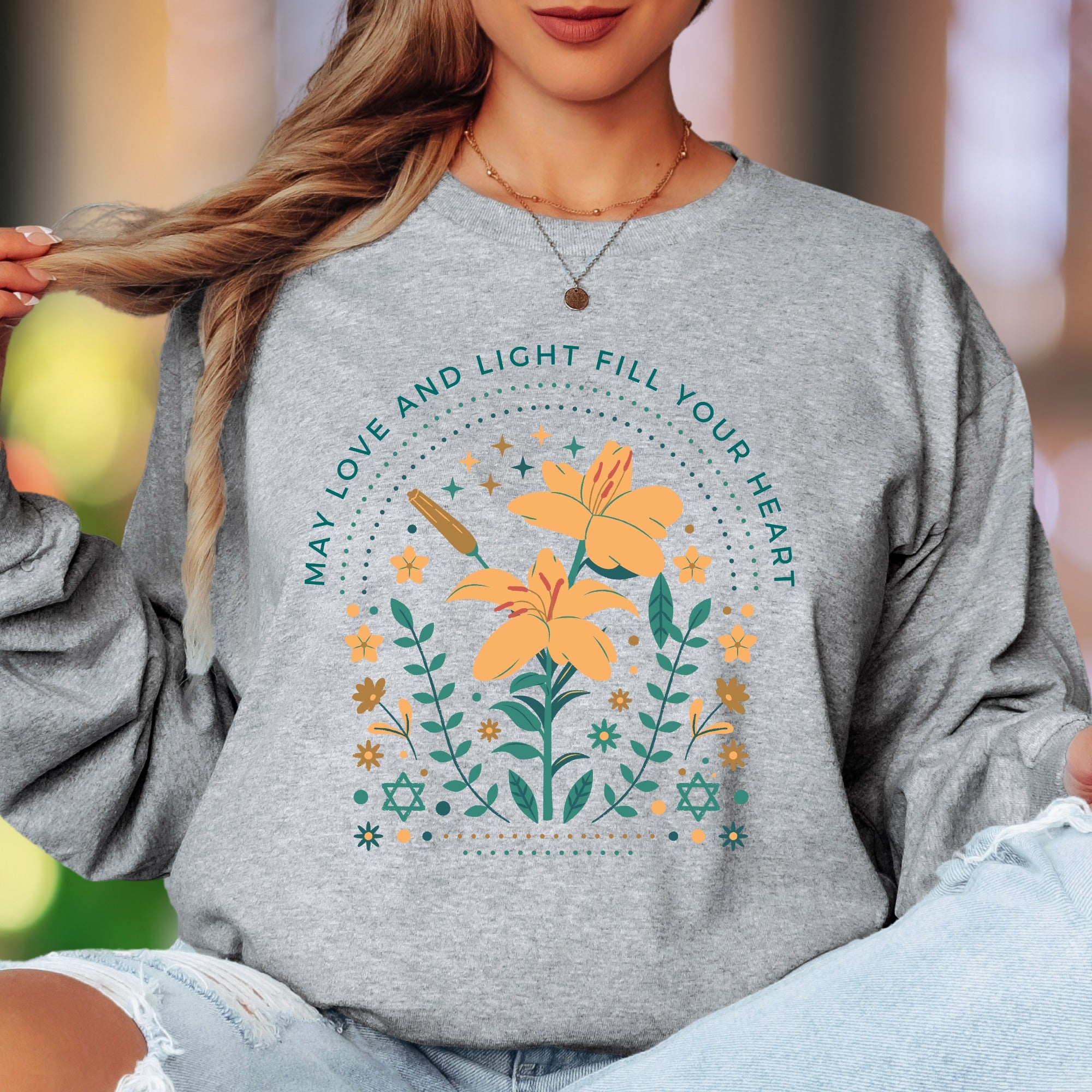 "May Love and Light Fill Your Heart" | Floral Motif Unisex Adult Long Sleeve T-Shirt | Positive Affirmation