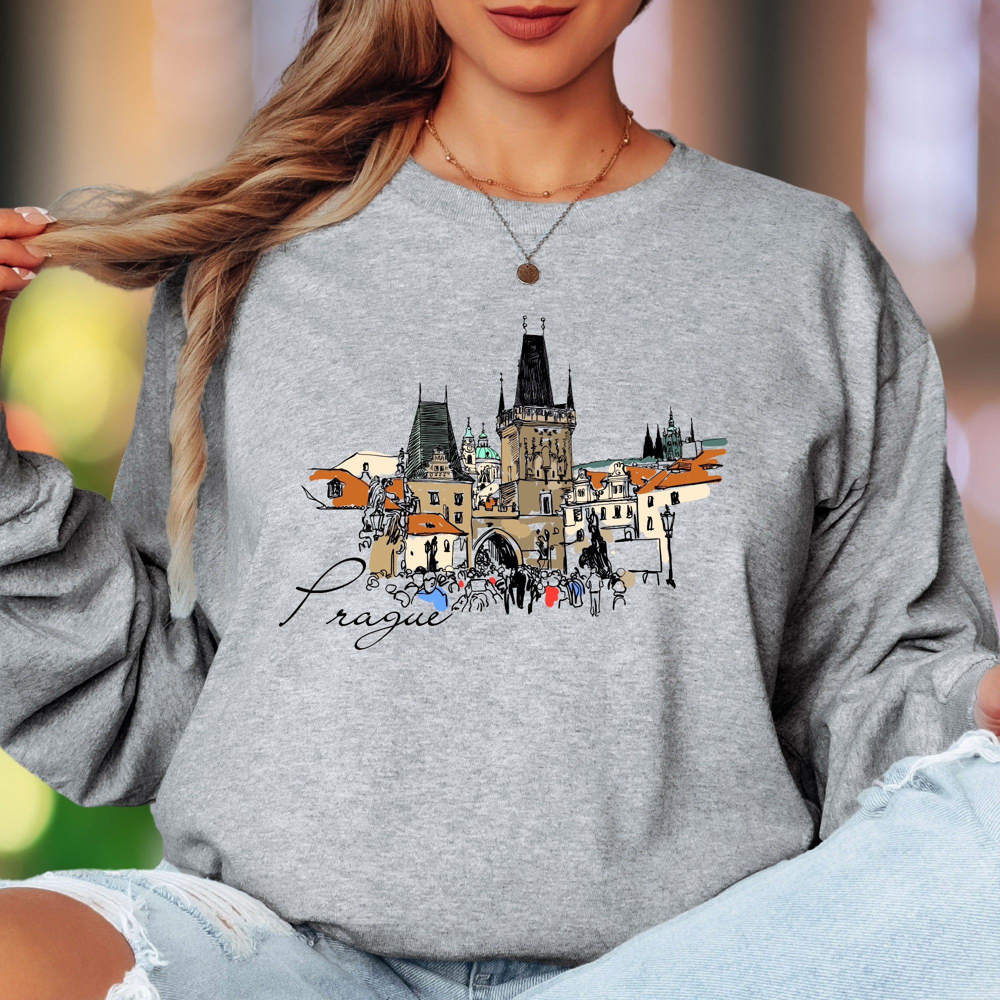 "Prague" | Sketch Art Cityscape Unisex Adult Long Sleeve T-Shirt | Travel & Culture Lifestyle