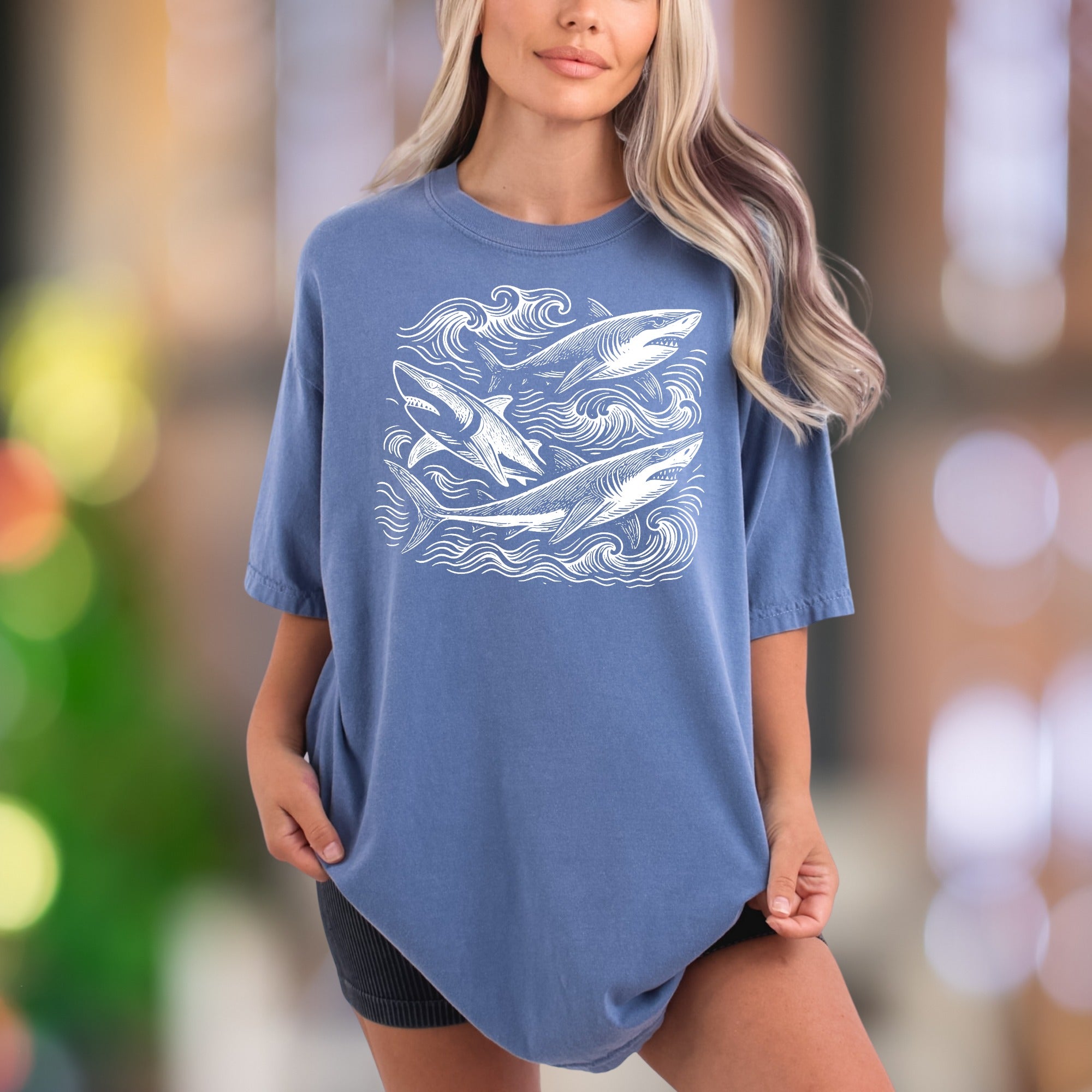 Ocean Waves & Sharks Sketch | Comfort Colors Unisex Adult T-Shirt | Coastal Lifestyle