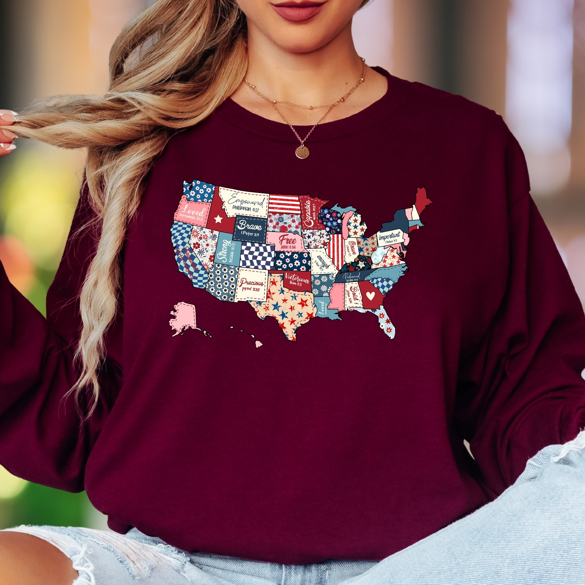 “Empowered Capable Brave Free Loved Strong Precious Victorious Redeemed Important Bold” | Vintage Patchwork Unisex Adult Long Sleeve T-Shirt | Faith-Inspired Lifestyle