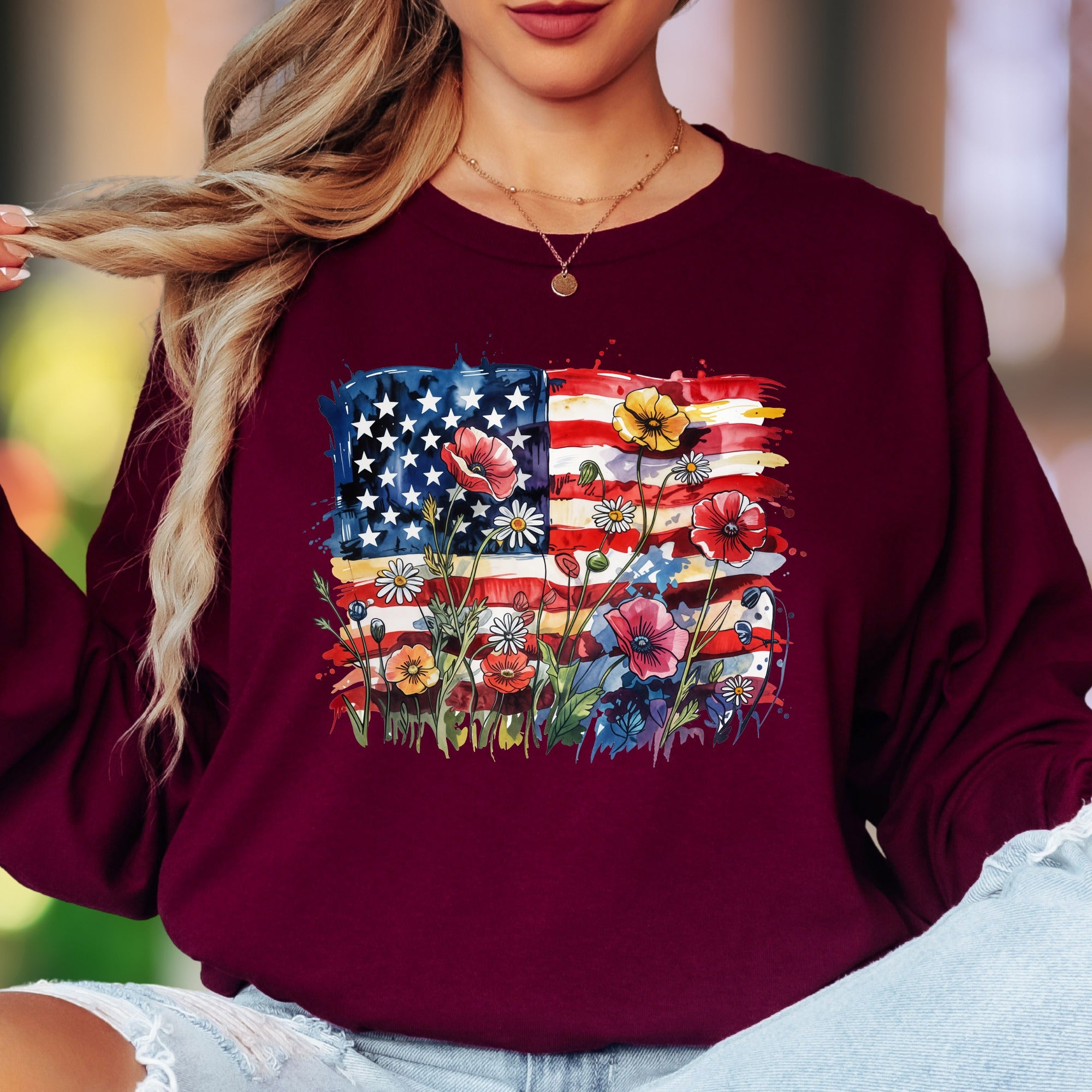 "Abstract Floral Flag" | Watercolor Nature Unisex Adult Long Sleeve T-Shirt | Patriotic Lifestyle
