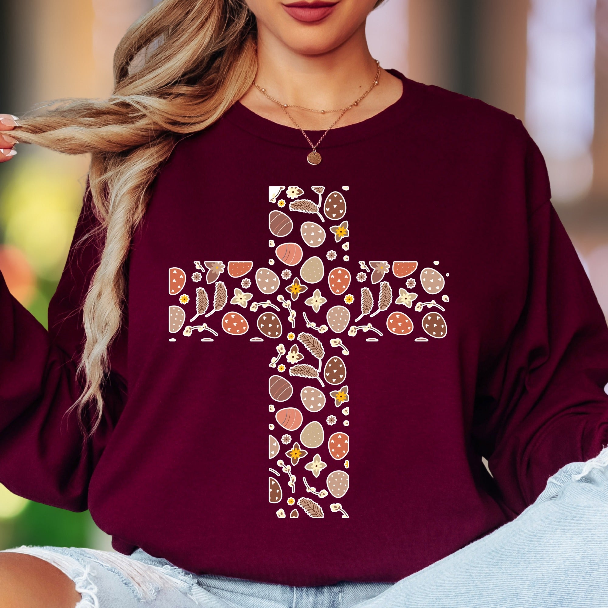Easter Floral Egg Cross Long Sleeve Tee - Christian Spring Faith Adult Unisex T-Shirt