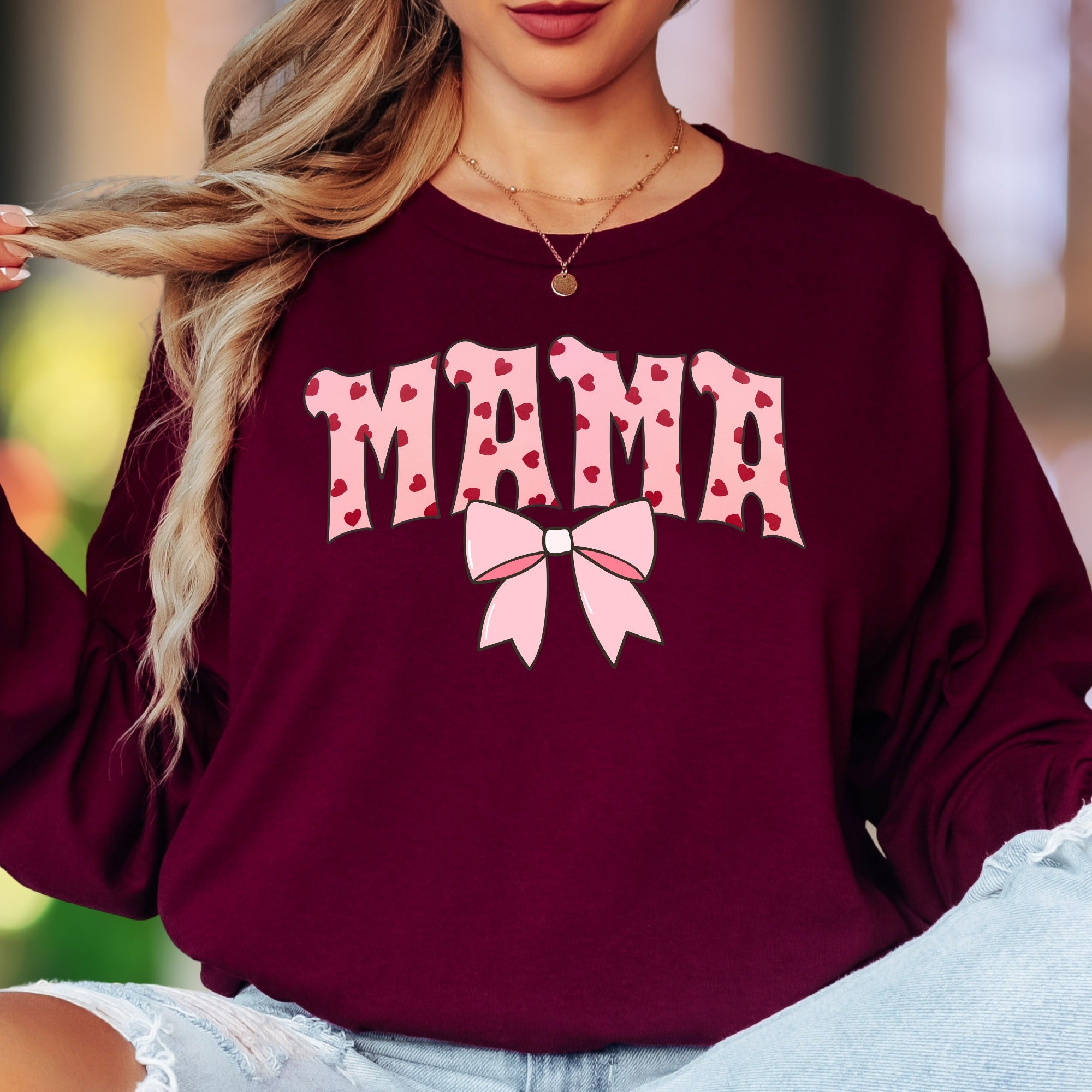 "MAMA" | Heart Pattern Typography Unisex Adult Long Sleeve T-Shirt | Loving Motherhood Style