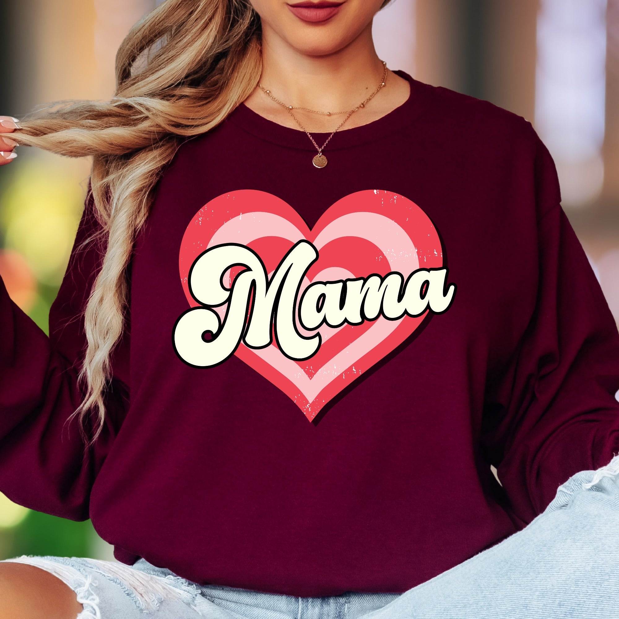 "Mama" | Retro Heart Unisex Adult Long Sleeve T-Shirt | Motherhood Lifestyle