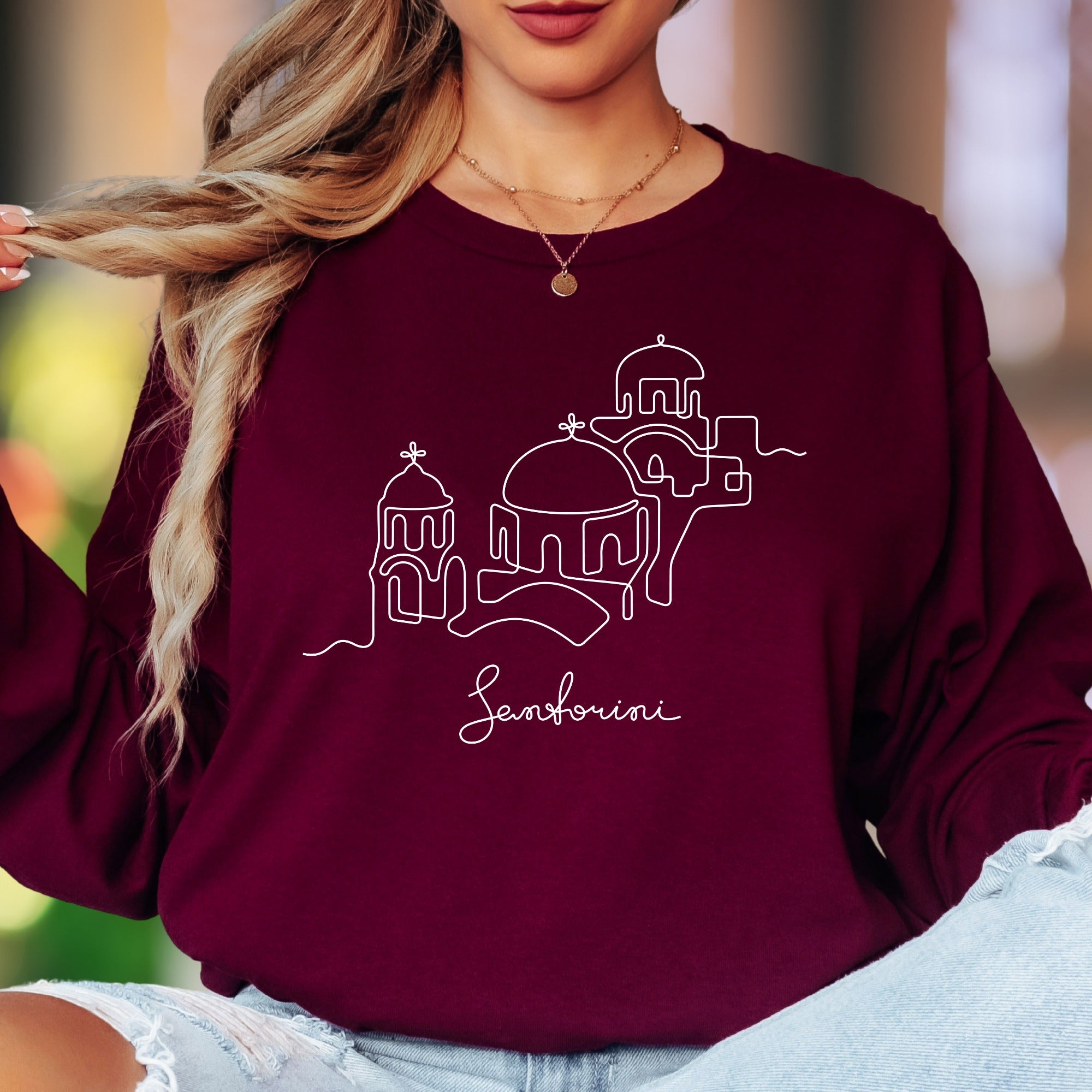 "Santorini" | Minimal Line Art Unisex Adult Long Sleeve T-Shirt | Travel & Lifestyle