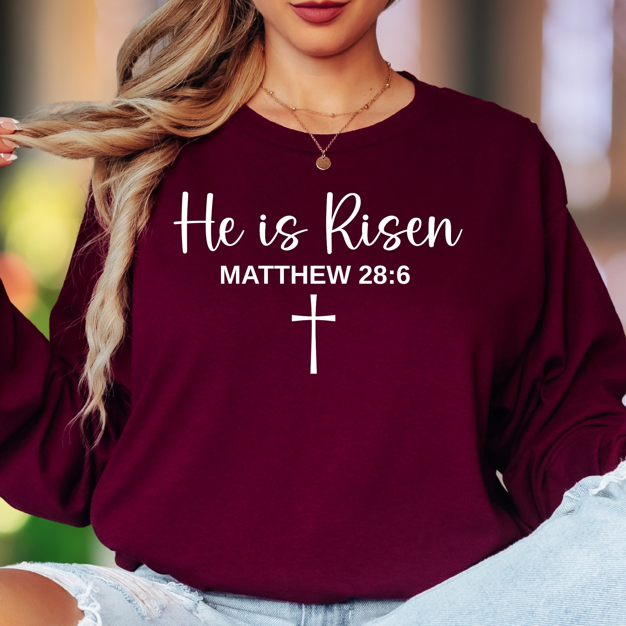"He is Risen Matthew 28:6" | Modern Typography Unisex Adult Long Sleeve T-Shirt | Faith-Inspired Lifestyle