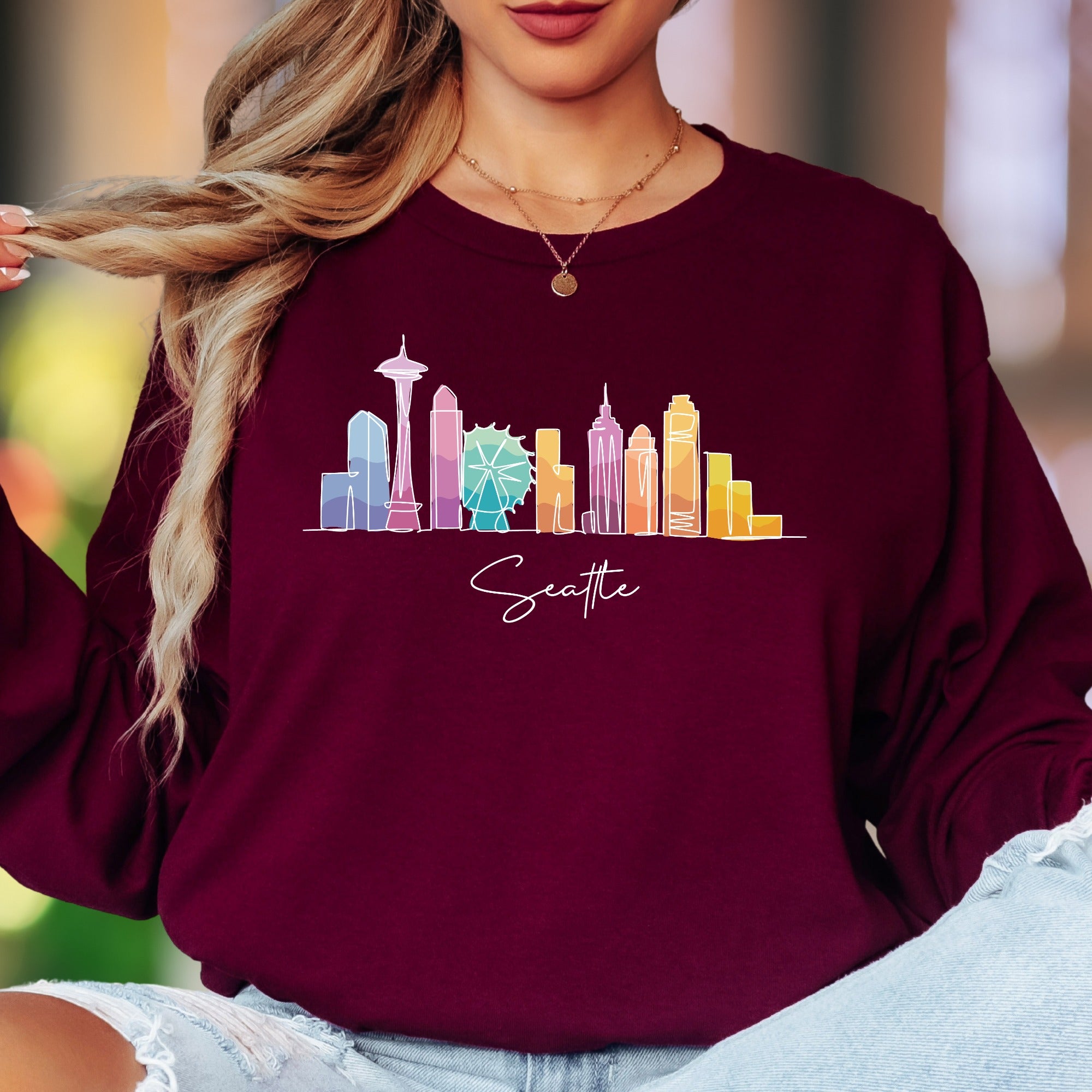 "Seattle" | Minimal Skyline Unisex Adult Long Sleeve T-Shirt | Colorful Cityscape