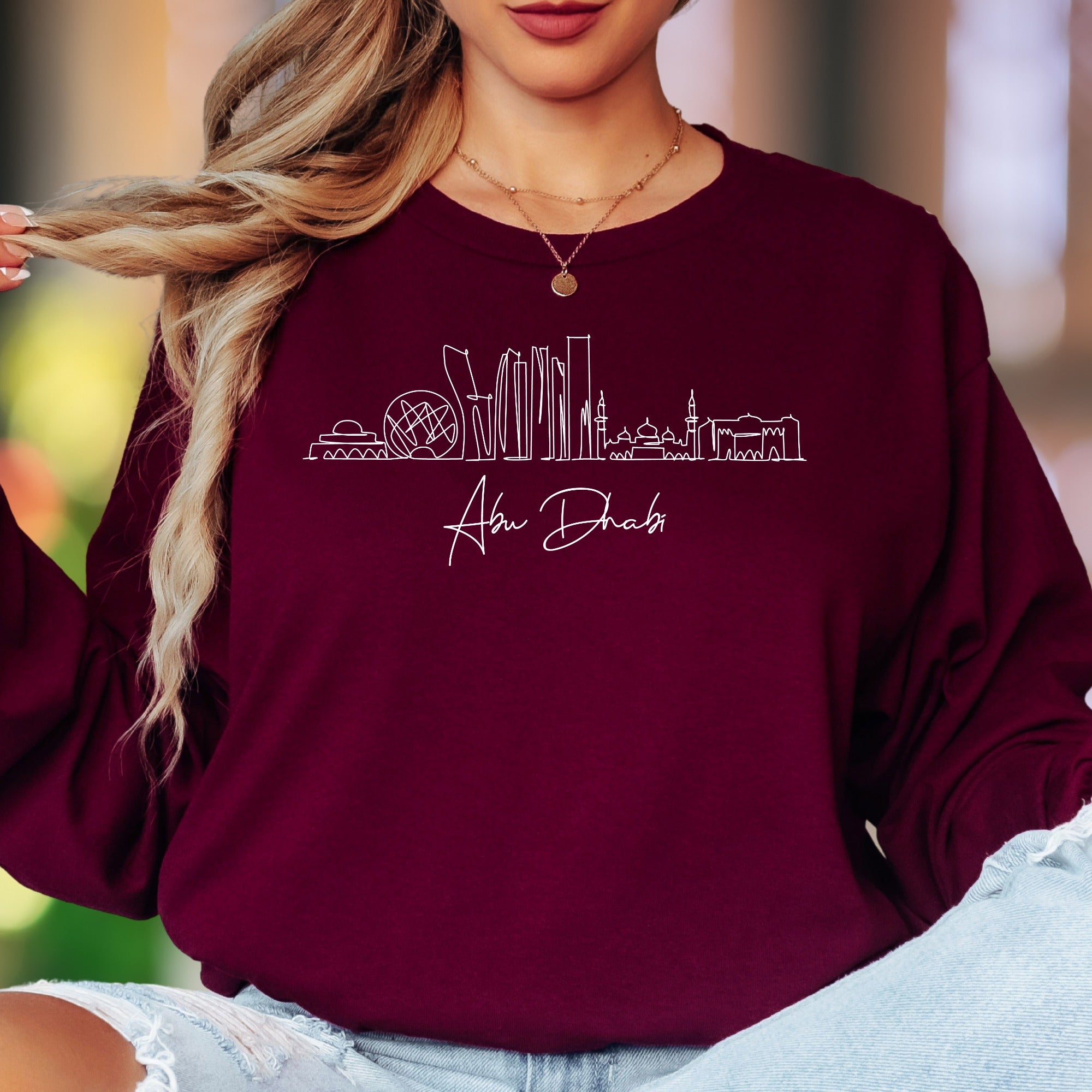 "Abu Dhabi" | Minimal Skyline Unisex Adult Long Sleeve T-Shirt | Travel & Cityscape