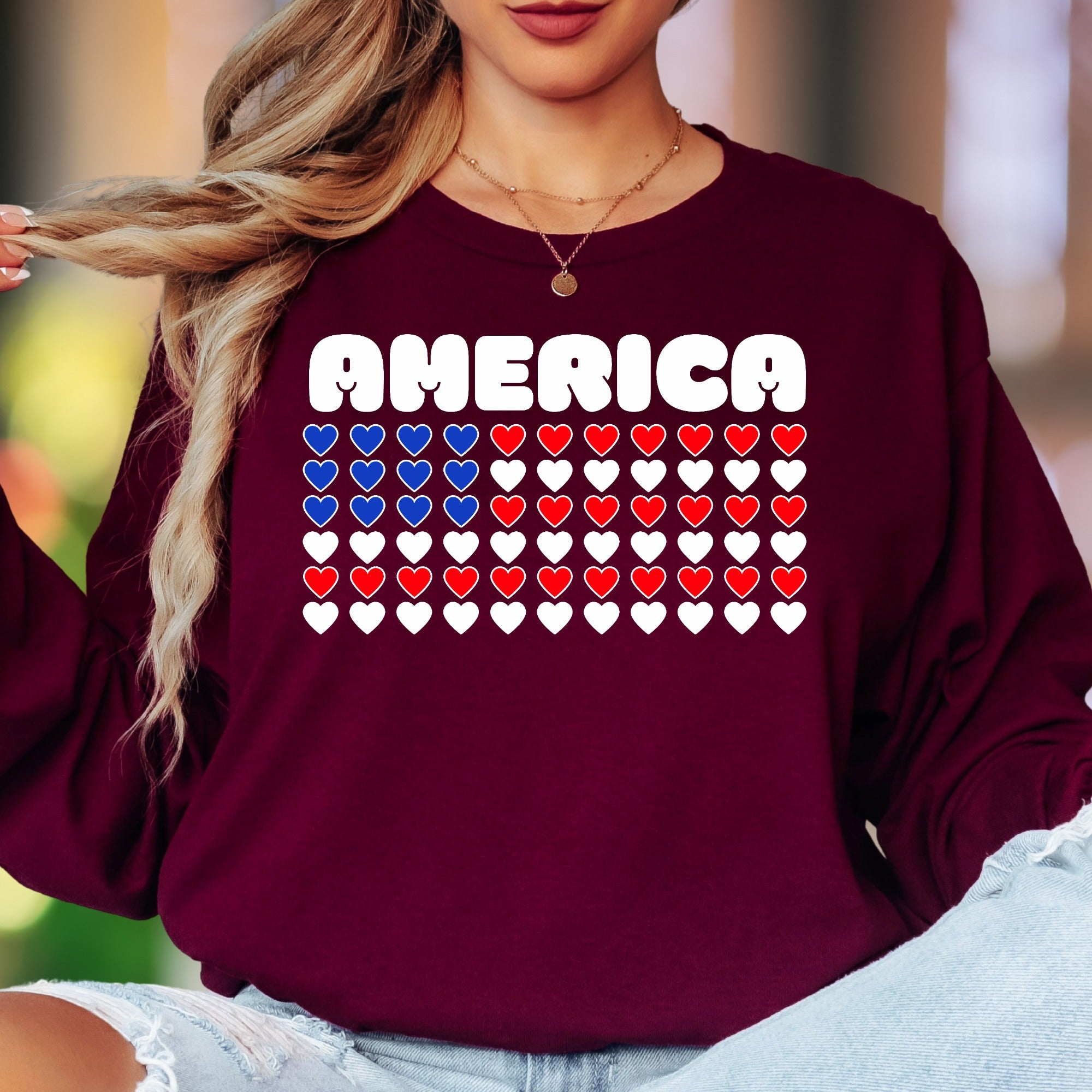 "AMERICA" | Patriotic Heart Grid Unisex Adult Long Sleeve T-Shirt | Heritage Pride