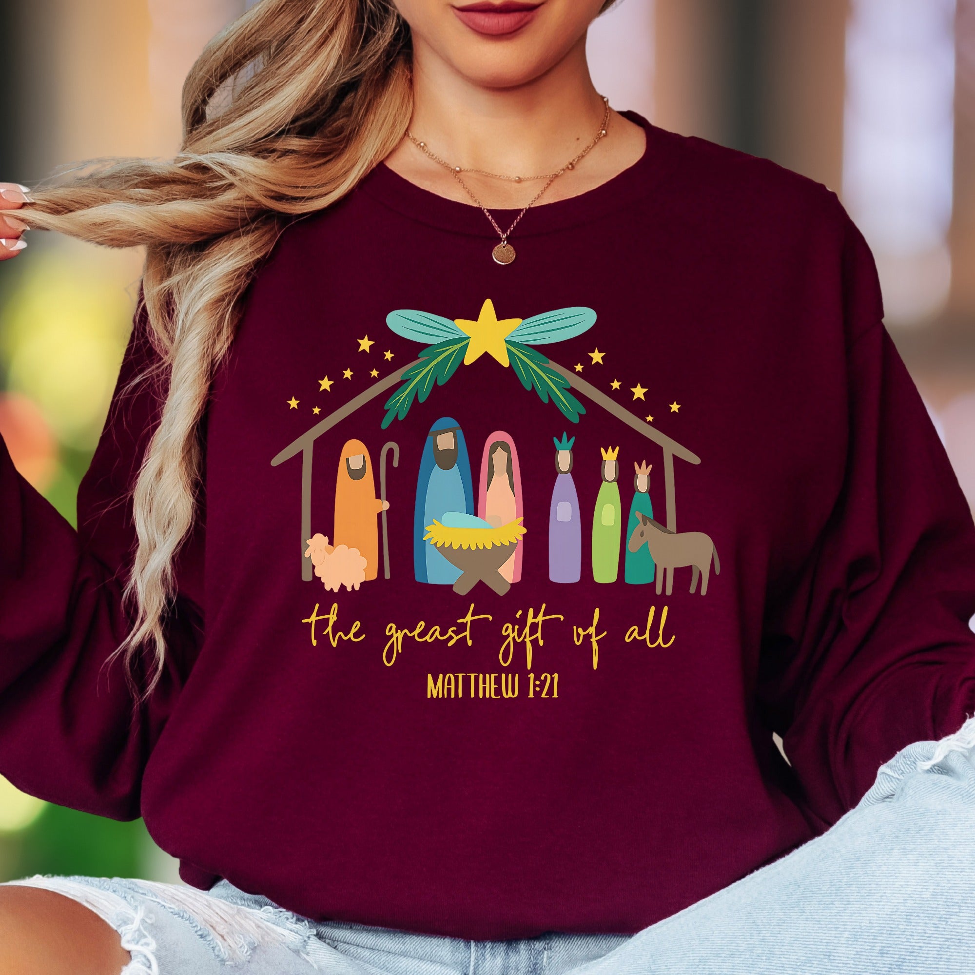 "The Greatest Gift Of All Matthew 1:21" | Nativity Scene Unisex Adult Long Sleeve T-Shirt | Festive Lifestyle