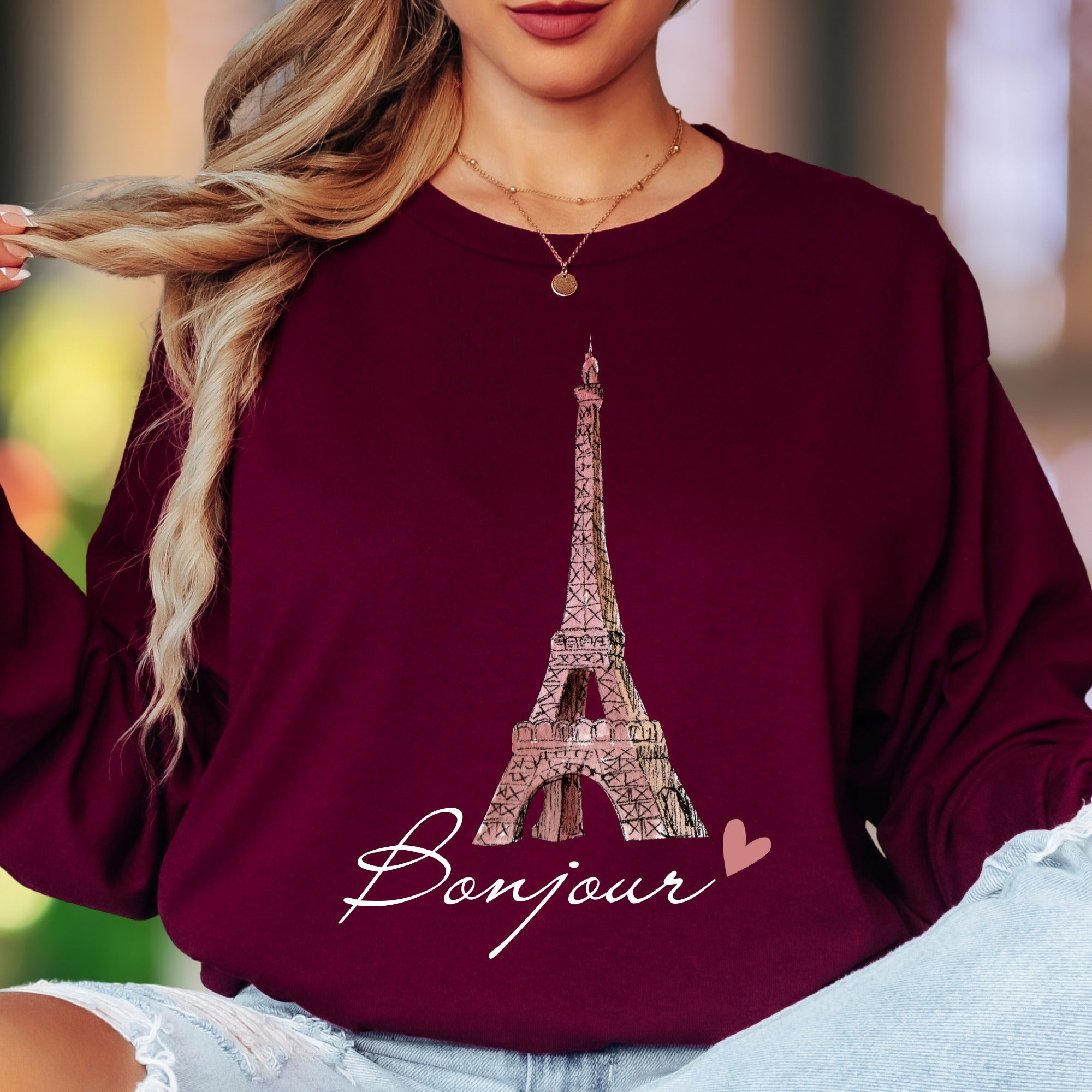"Bonjour Eiffel Tower" | Parisian Sketch Unisex Adult Long Sleeve T-Shirt | Romantic Travel Lifestyle