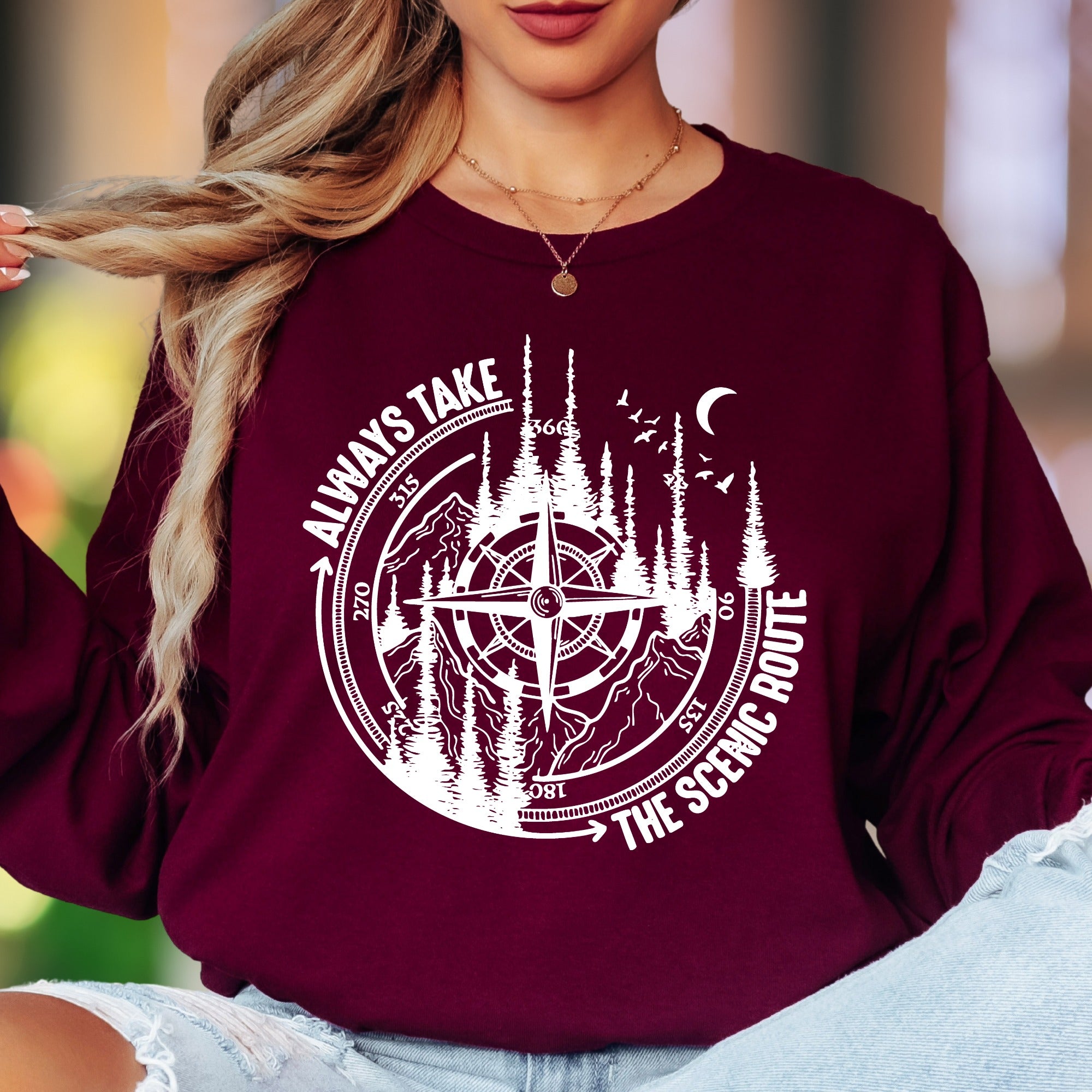 "Always Take The Scenic Route" | Nature Compass Unisex Adult Long Sleeve T-Shirt | Outdoor Lifestyle