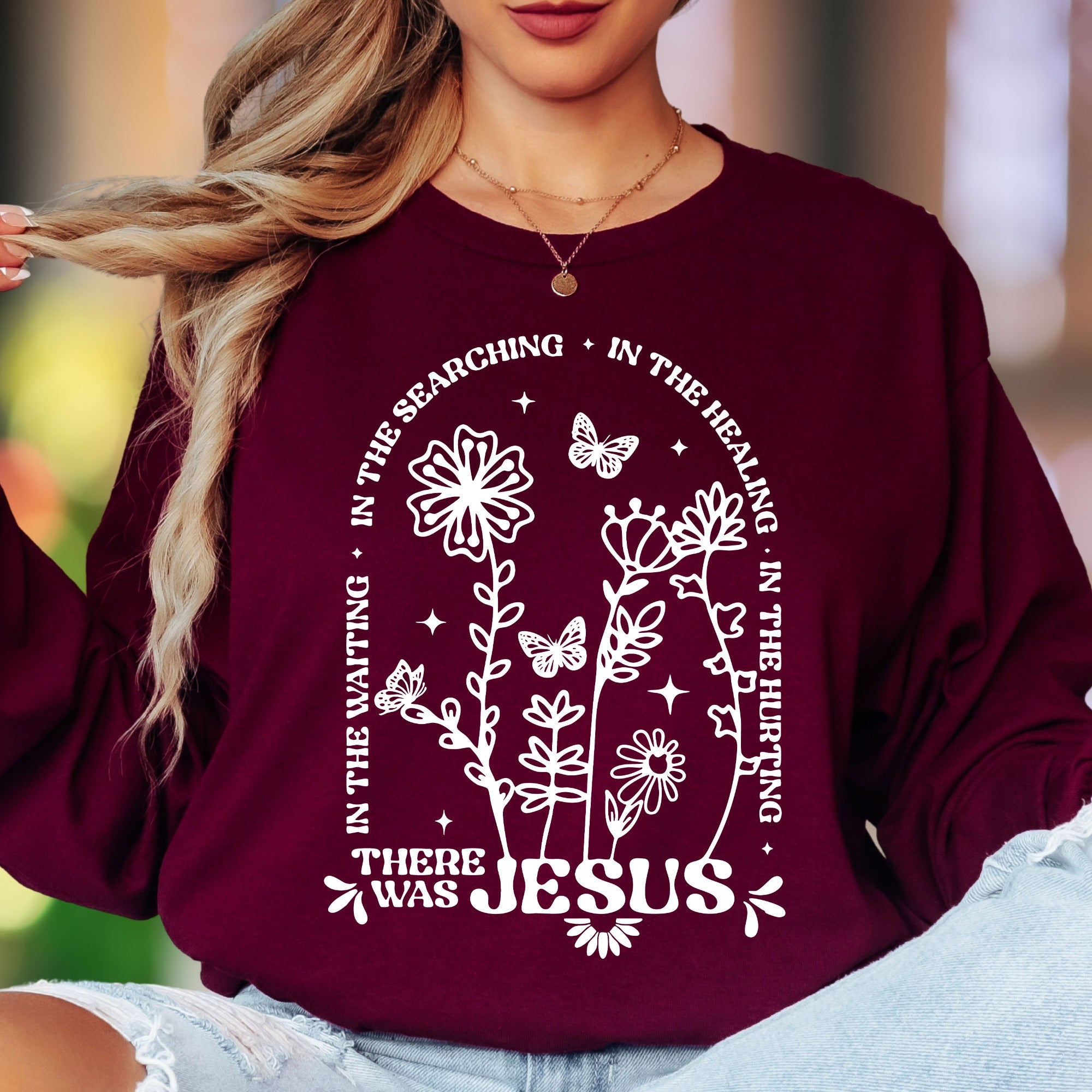 "There Was Jesus" | Floral Typography Unisex Adult Long Sleeve T-Shirt | Faith-Inspired Lifestyle