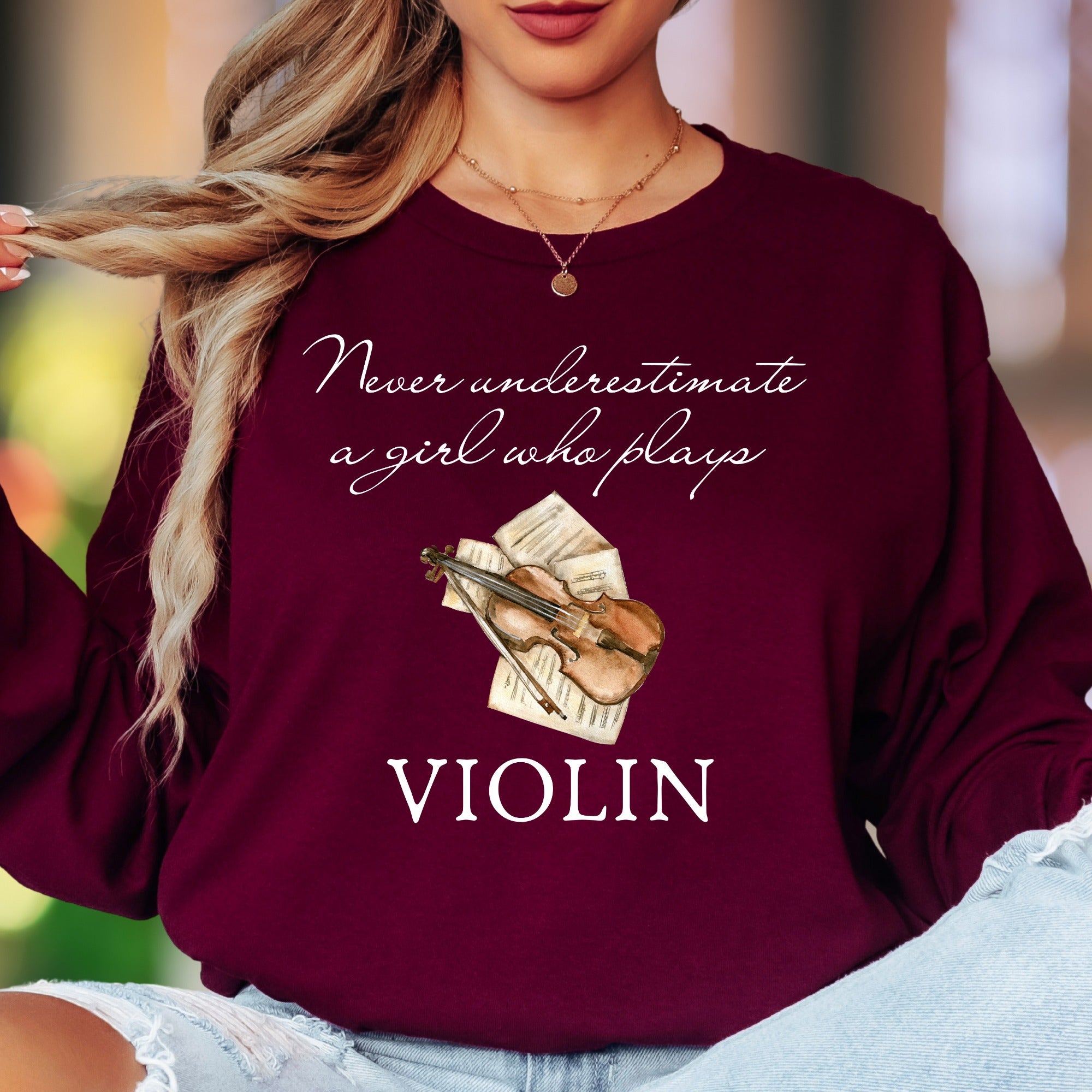 "Never Underestimate A Girl Who Plays Violin" | Artistic Expression Unisex Adult Long Sleeve T-Shirt | Musician Lifestyle