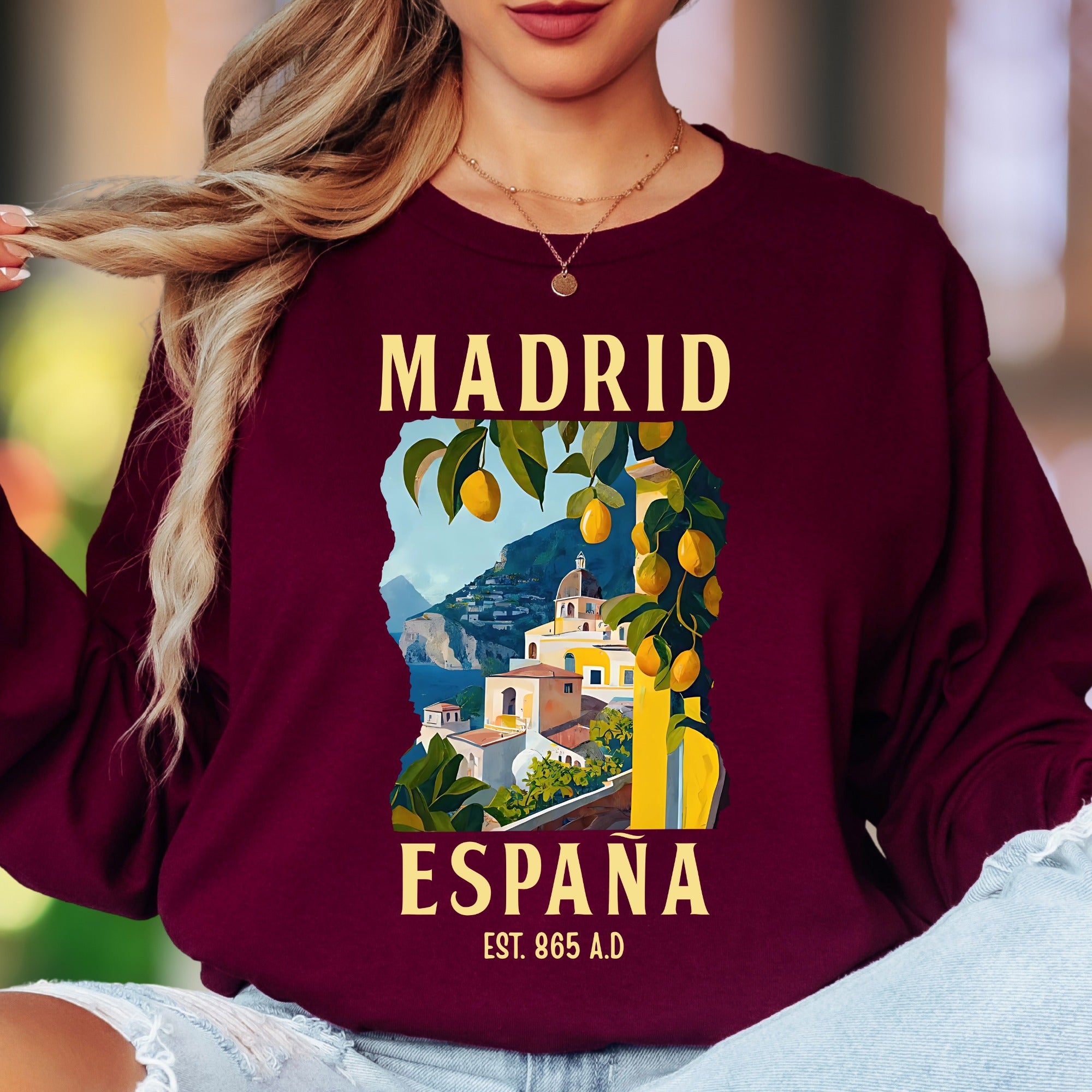 "Madrid España Est. 865 A.D" | Vintage Travel Unisex Adult Long Sleeve T-Shirt | European Lifestyle