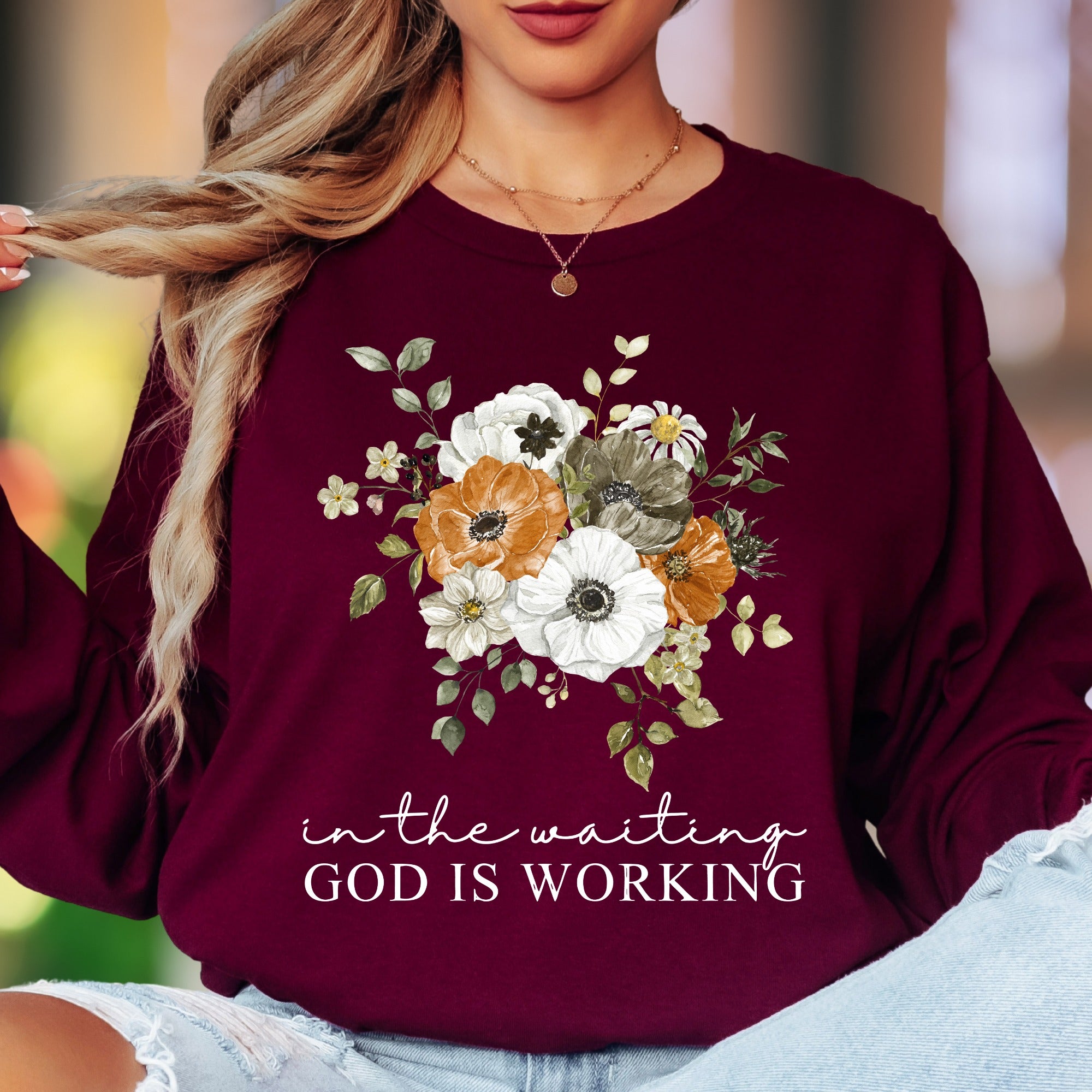 "In The Waiting, God Is Working" | Floral Typography Unisex Adult Long Sleeve T-Shirt | Inspirational Faithwear