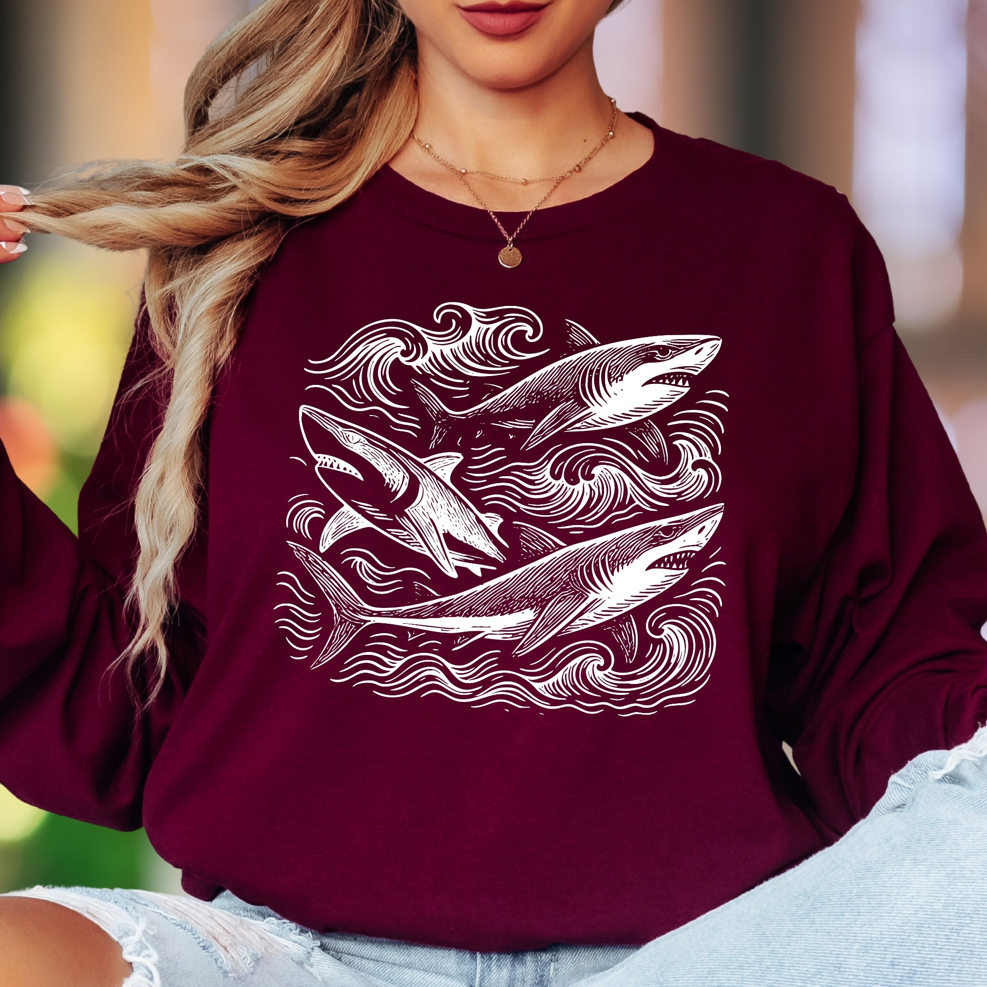 Oceanic Shark Design | Nature Art Unisex Adult Long Sleeve T-Shirt | Marine Lifestyle